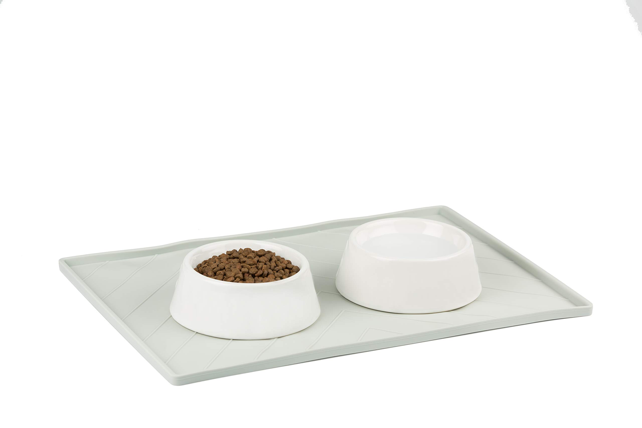 Non-Slip Silicone Dog Bowl Mat with Raised Edge & Metal Rods - Spill-Proof Pet Feeding Mat for Messy Eaters - Medium 20”x12” Light Grey - Perfect for Dogs & Cats at Home or Travel