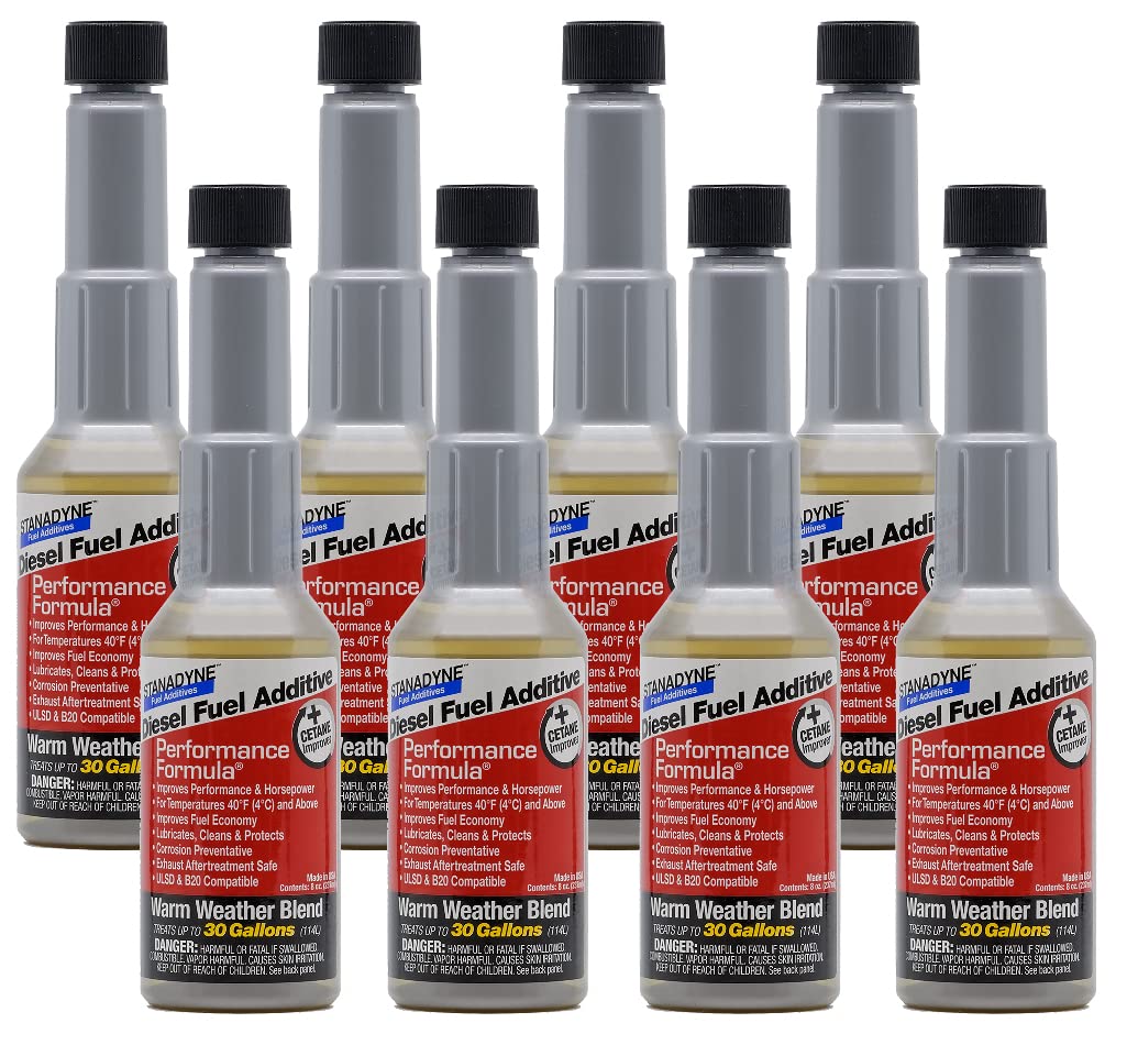 Stanadyne Performance Formula Diesel Additive - Warm Weather Blend (8 Pack, 8oz Bottles) | Improves Fuel Efficiency & Engine Performance | Ideal for Trucks, Heavy Equipment & Diesel Vehicles in Hot Climates