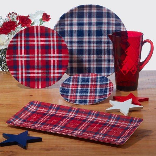 Patriotic Plaid Melamine Dinner Plates - Durable & Lightweight Melamine Dishes for Outdoor Picnics, BBQs, and 4th of July Parties