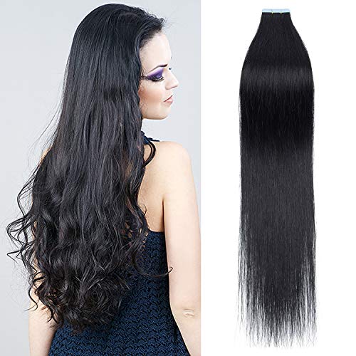 20 Inch Black Tape in Hair Extensions - 100g 40pcs 100% Remy Human Hair with Double Sided Rooted Seamless Skin Weft - Jet Black #1 for Natural Hair - Perfect for Daily Styling, Parties & Special Occasions