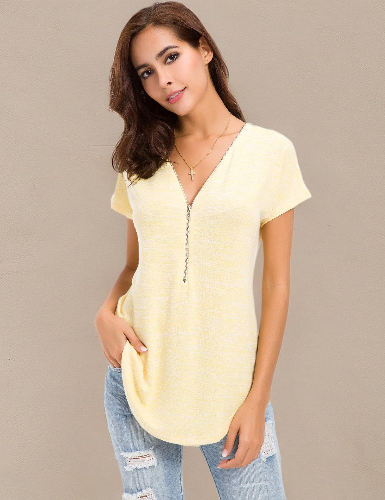 LUSMAY Women's Casual V-Neck Tunic Top with Zipper Detail - Loose Fit Short Sleeve Blouse for Summer | Perfect for Work, Travel & Everyday Wear
