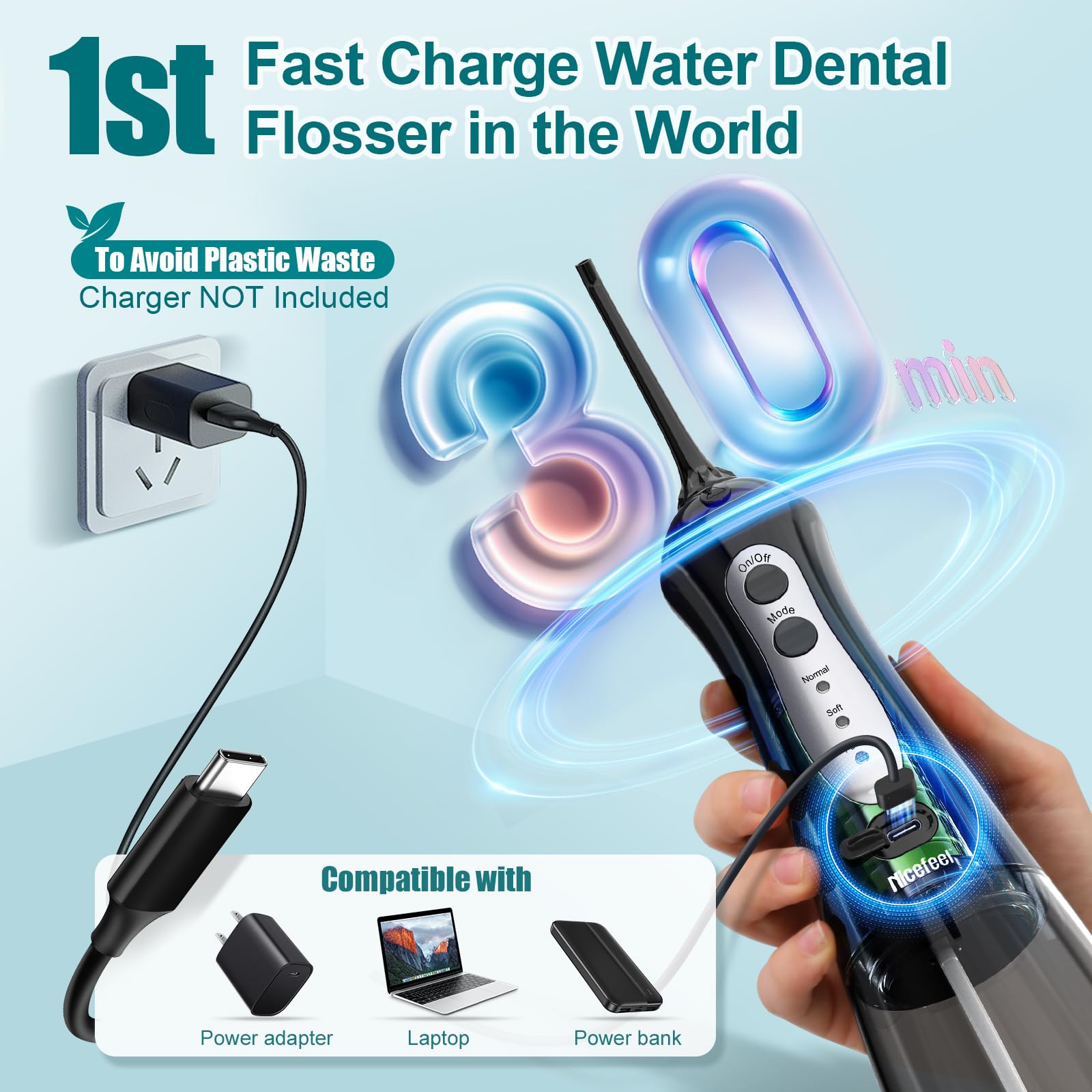 Nicefeel Cordless Water Dental Flosser - 300ML Portable Oral Irrigator with 3 Cleaning Modes, IPX7 Waterproof & Fast Charge for Teeth Cleaning, Tonsil Stones - Perfect for Home & Travel Oral Care