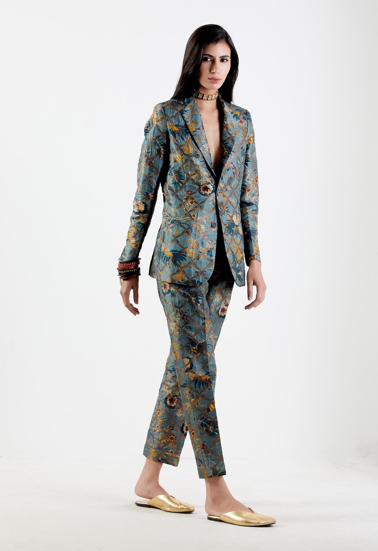 Elegant Rana Blazer in Silk Brocade Mist - Women's Formal Jacket for Office Wear, Business Meetings & Special Occasions