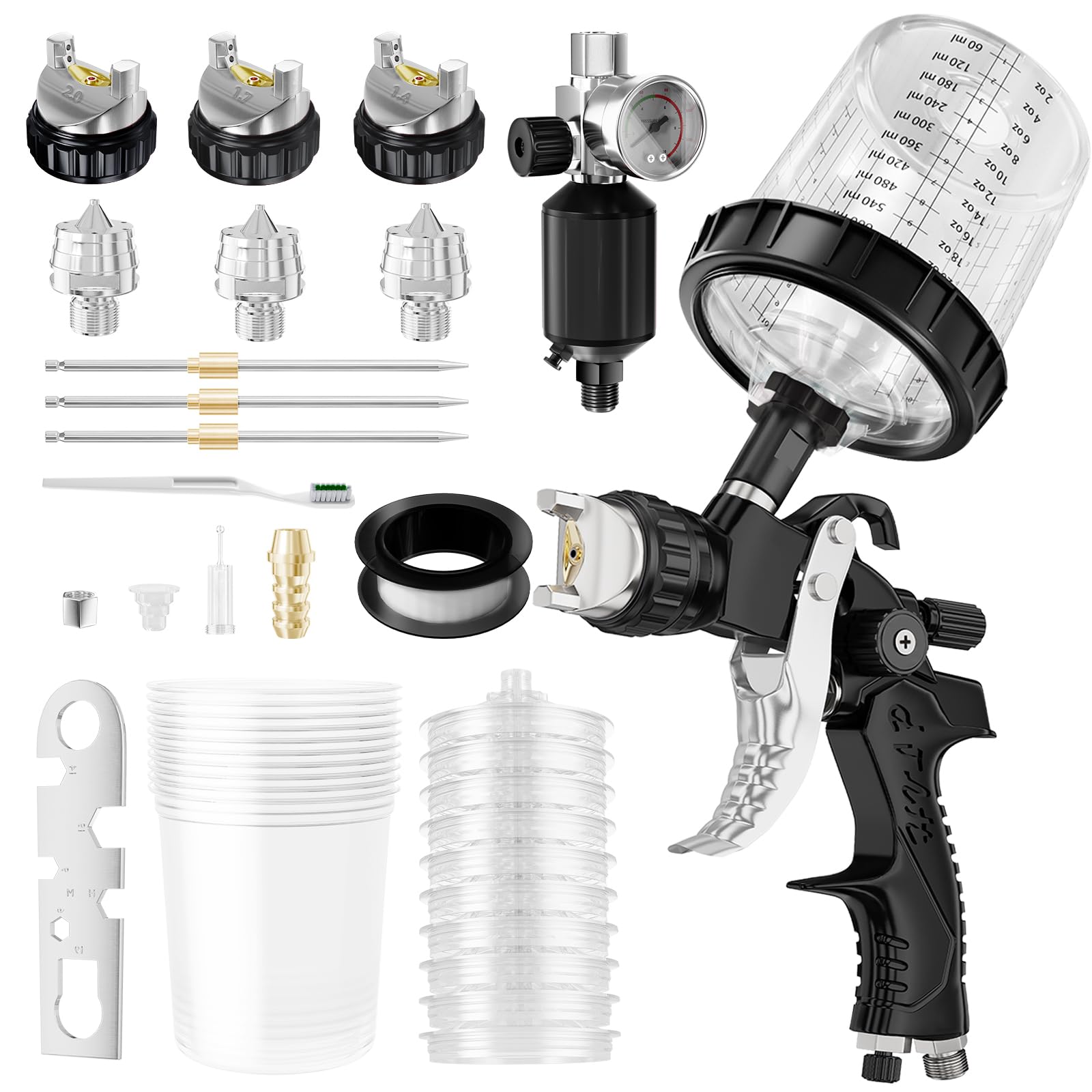 Professional HVLP Air Spray Gun Kit with 1.4/1.7/2mm Nozzles & Regulator - Includes 10pc 600cc Mixing Cups with Lids - Perfect for Automotive Painting, Home Improvement, Furniture Refinishing & DIY Projects