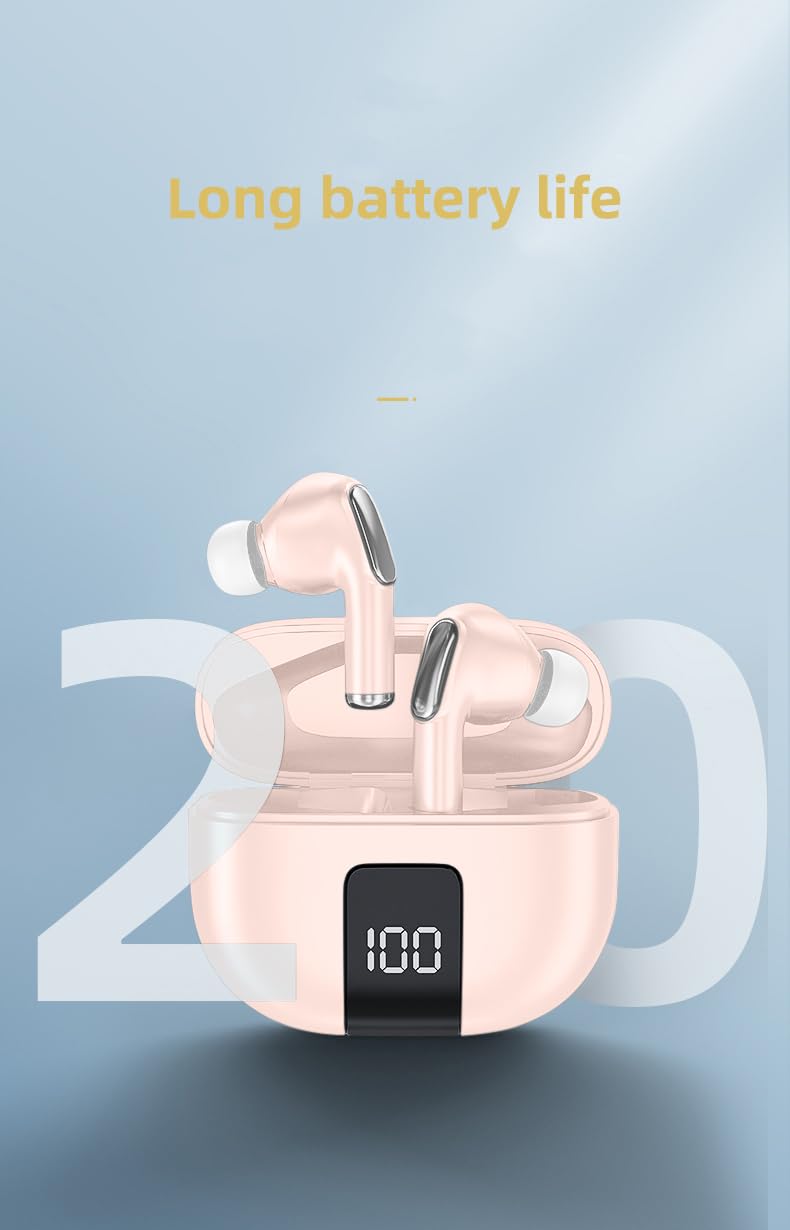 J68 True Wireless Earbuds Bluetooth 5.2 with 60H Playback, IPX5 Waterproof, Deep Bass & Noise Cancelling, Built-in Mic - Premium Stereo In-Ear Headphones (Pink) - Perfect for Workouts, Running, Commuting & Travel