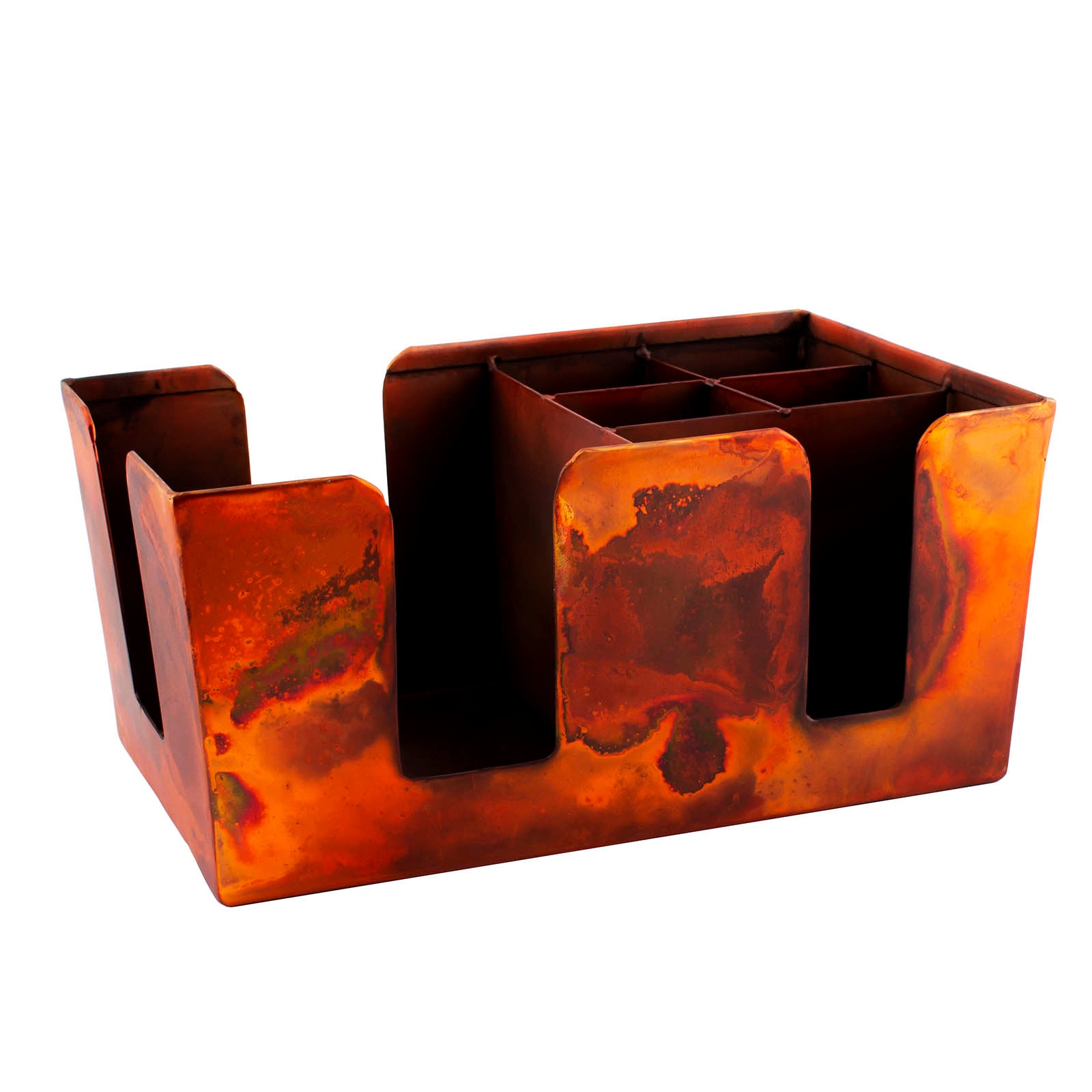 6-Compartment Bar Caddy Organizer - Antique Copper Finish for Wine Bottles, Glasses & Bar Accessories - Perfect for Home Bars, Parties & Kitchen Organization