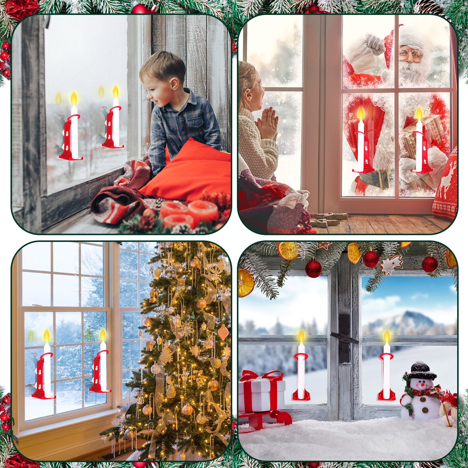 12 Pcs Red Christmas Electric Window Candle Lamp Holders with Strong Suction Cups - Flameless LED Candles for Holiday Decor, Indoor & Outdoor Window Displays, Home & Office Christmas Decorations