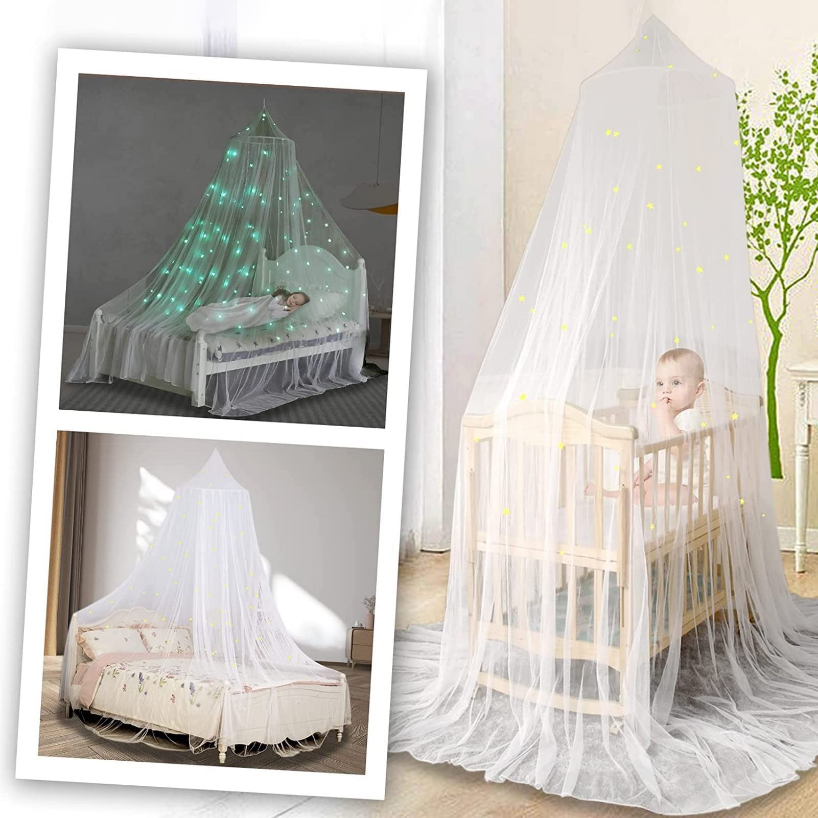 Glow in the Dark Mosquito Net for Bed Canopy with Fluorescent Stars - Kids Hanging Bed Dome Canopy for Nursery, Bedroom & Camping (White, Small)