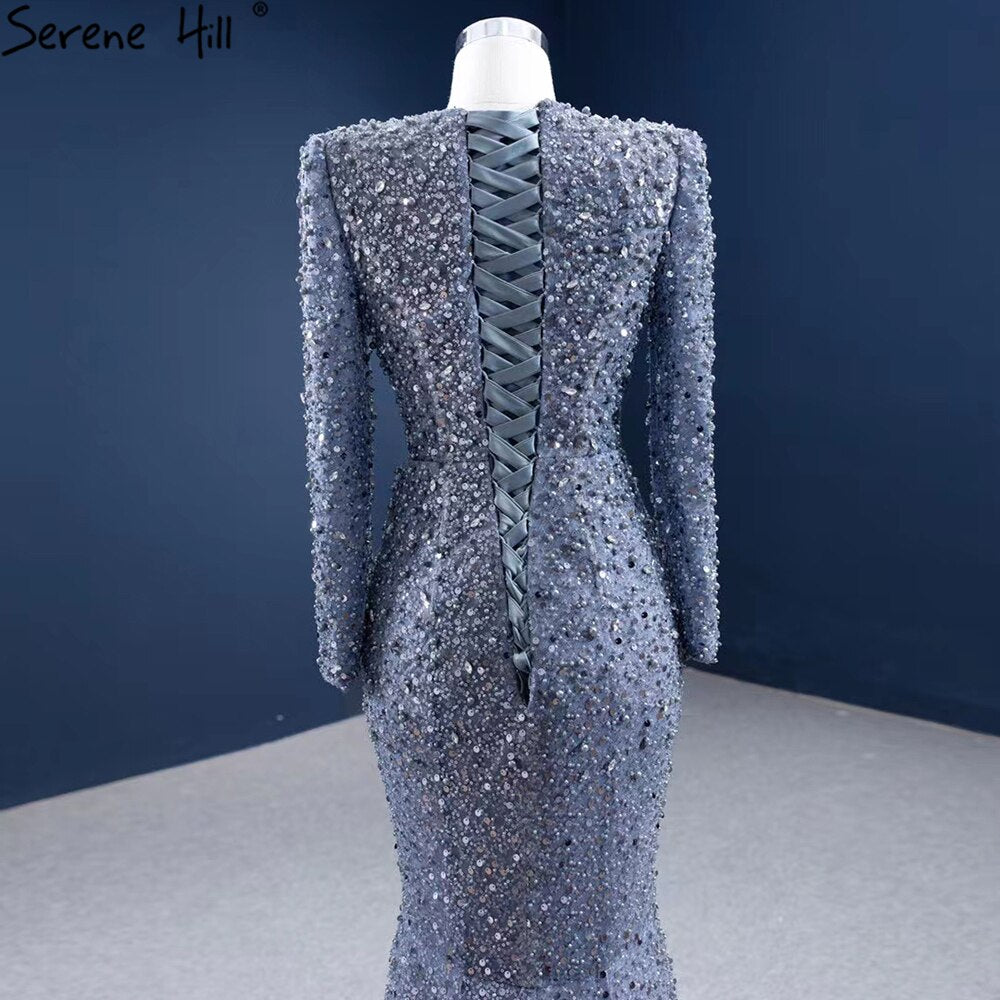 Elegant Beaded Muslim Grey Mermaid Evening Dress for Women 2025 - Luxury Formal Gown HM67272 for Prom, Wedding & Special Occasions