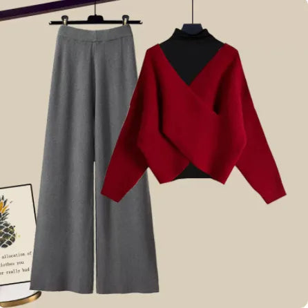 Women's Fall Winter Warm Knit Three Piece Set - Elegant V Neck Sweater, Basic Top & Wide Leg Knitted Pants Outfit for Office Ladies | Cozy Workwear & Casual Winter Fashion
