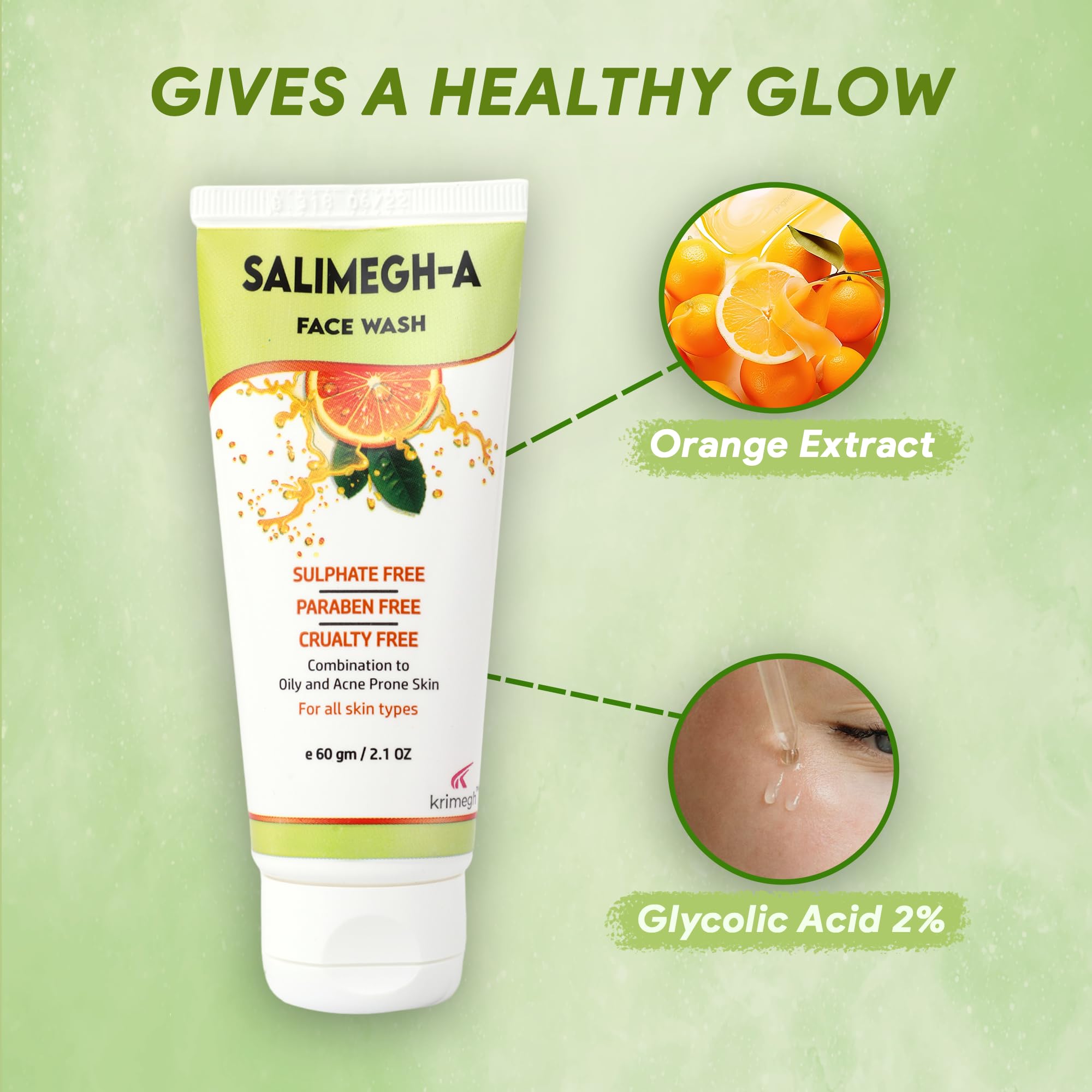 Salimegh Face Wash with Orange Extract & 2% Glycolic Acid for Combination to Oily & Acne-Prone Skin - 60gm | Gentle Daily Cleanser for Clear, Glowing Skin | Perfect for Morning & Night Skincare Routine