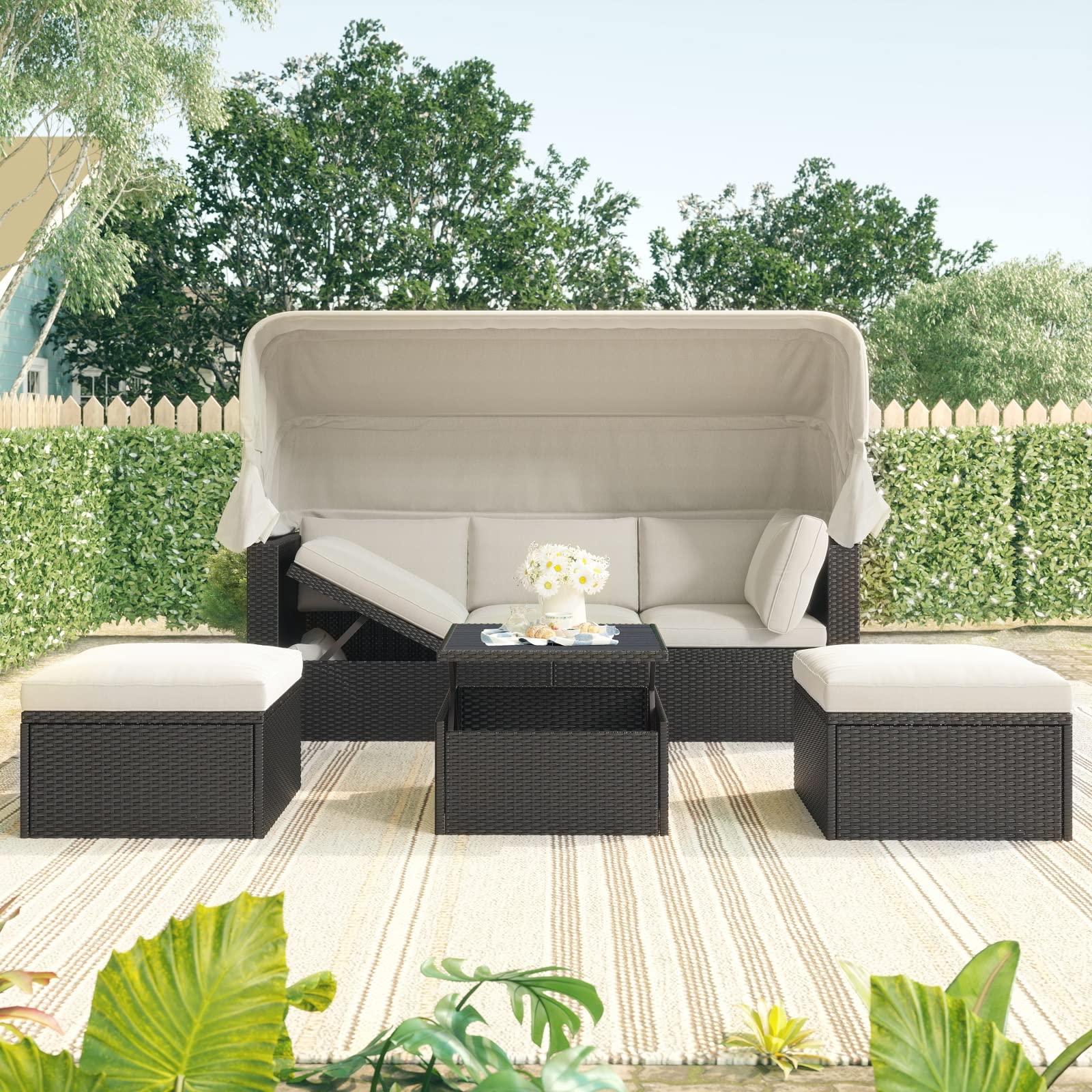 Winwee Patio Rectangle Daybed with Retractable Canopy - Outdoor Wicker Rattan Furniture Set with Adjustable Coffee Table - Beige Rattan Conversation Set for Garden, Poolside & Backyard Relaxation