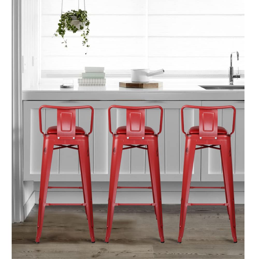 GIA 30-Inch Low-Back Bar Stool Set of 4 - Salmon Red with Red Vegan Leather Seat - Perfect for Kitchen Islands, Breakfast Bars & Home Decor