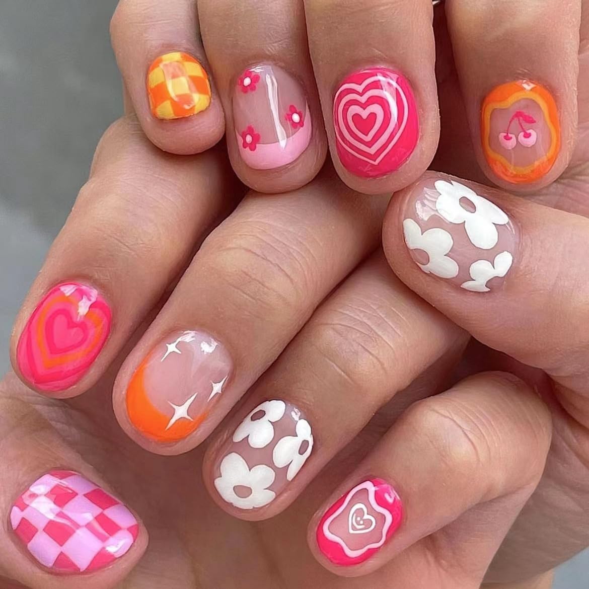 Short Square Press on Nails - Pink French Tips with Rainbow Flower Heart Lattice Design - 24pcs Acrylic Artificial Fake Nails - Perfect for Parties, Weddings, and Daily Wear