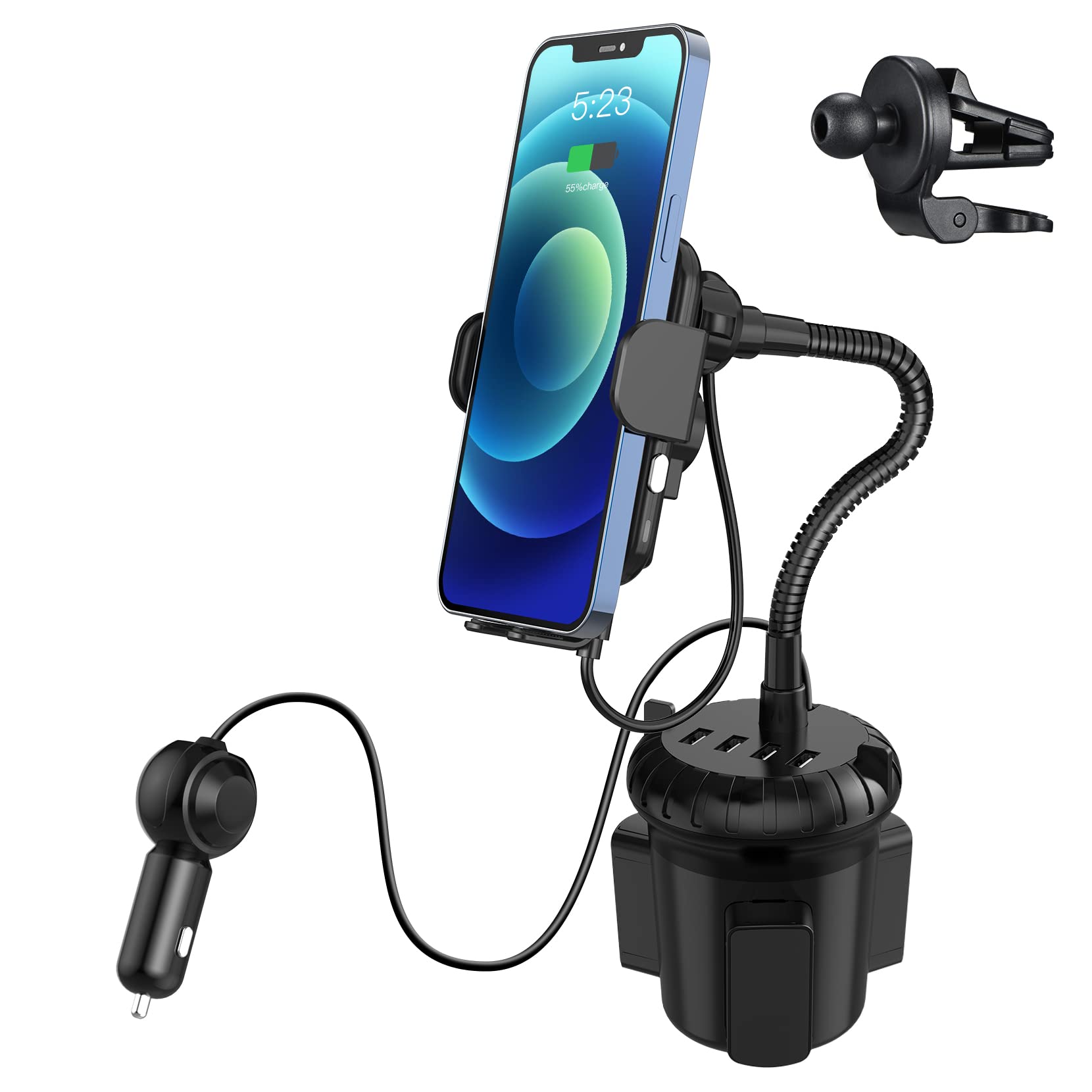 3-in-1 Wireless Car Charger with Auto Clamping & 10W Fast Qi Charging - 4 USB Ports Cup Holder Phone Mount for iPhone Samsung Galaxy - Perfect for Road Trips, Commuting & Hands-Free Driving
