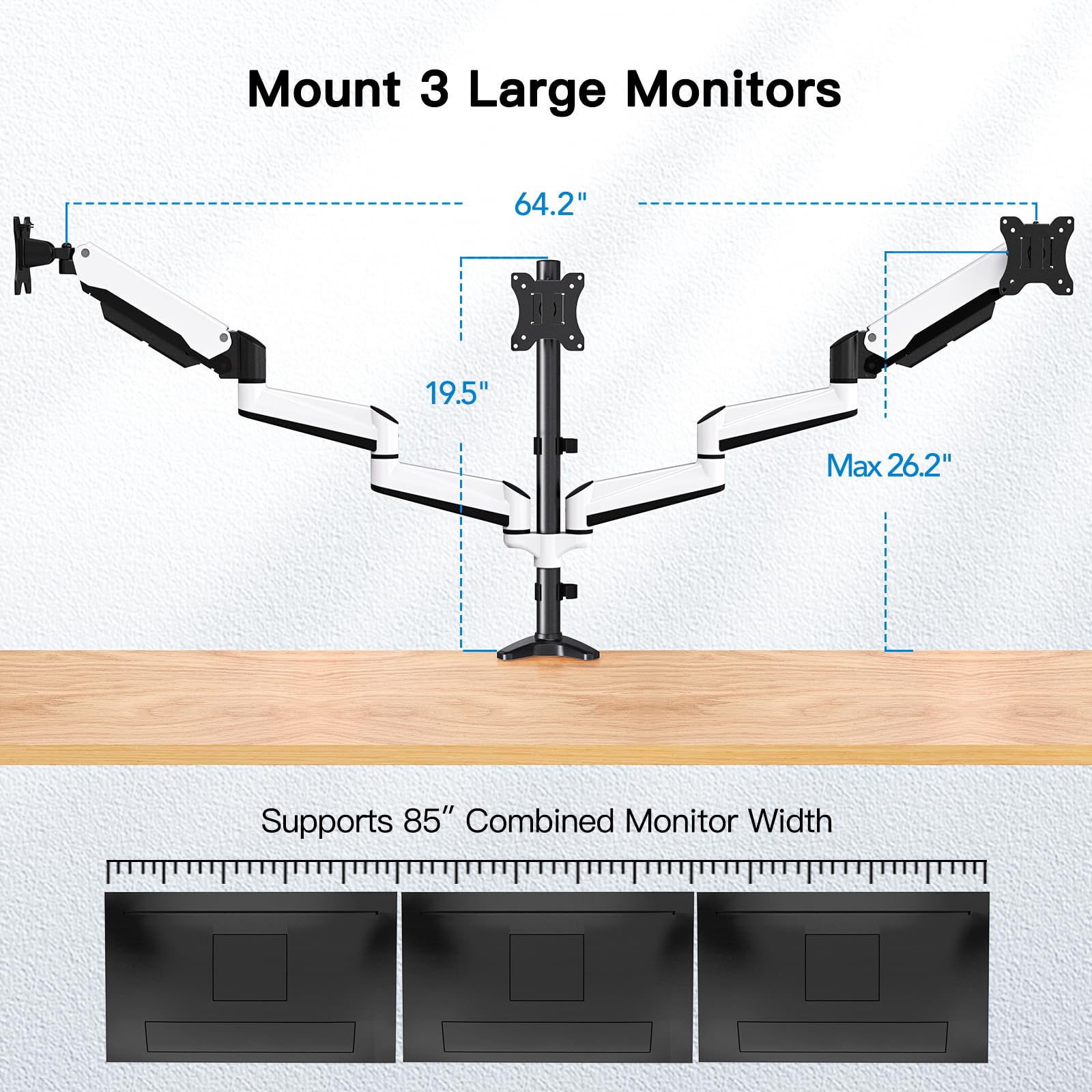 HUANUO Triple Monitor Stand - Adjustable Full Motion Gas Spring Mount for 3 Monitors 17-32 inches, Heavy Duty Clamp & Grommet Kit - Perfect for Gaming, Office Work & Multi-Tasking Setup