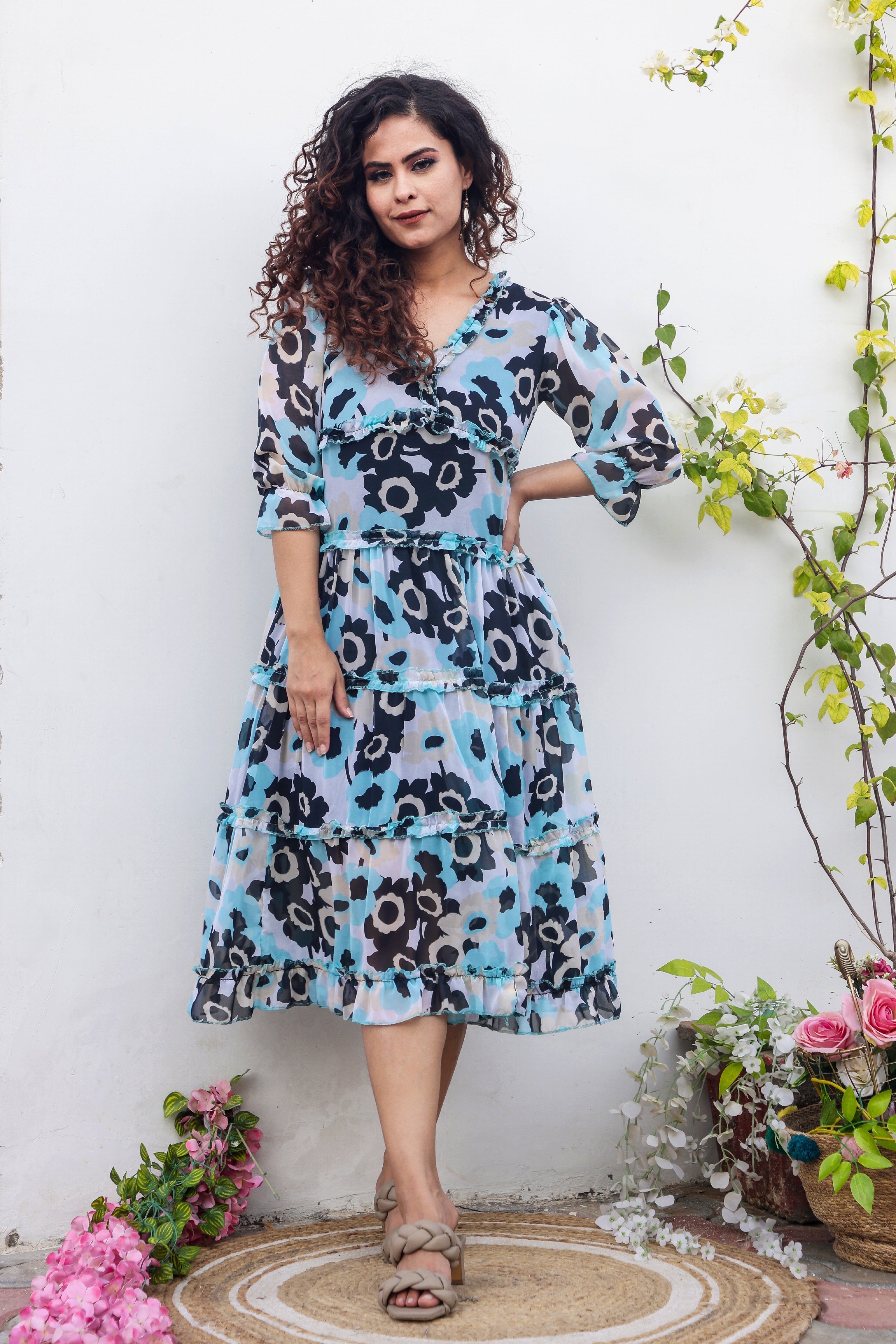 Blue Floral Print Maxi Dress for Women - Summer Beach Boho Long Dress with Pockets - Perfect for Vacations, Weddings & Outdoor Events