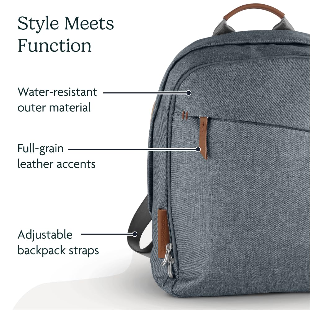 UPPAbaby Diaper Backpack with Multiple Storage Compartments, Stroller Straps & Insulated Bottle Pocket | Includes Changing Pad | Perfect for Travel, Daycare & On-the-Go Parents (Emmett/Gwen - Green Mélange & Saddle Leather)