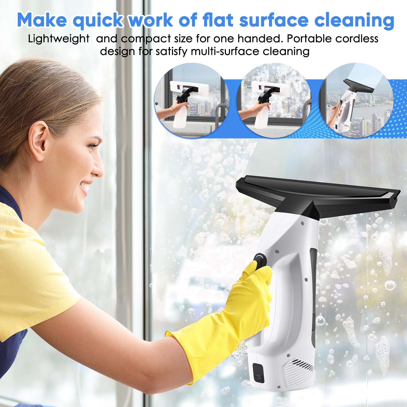Cordless Window Vacuum Squeegee with Spray Bottle & Microfiber Cloth - Electric Handheld Cleaner for Windows, Mirrors, Tiles, Countertops & Car Windshields | Perfect for Home Cleaning, Auto Detailing & Glass Maintenance