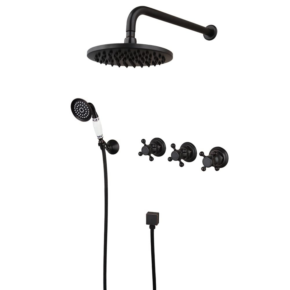 OUBONI Matte Black 8 Inch Round Shower Set - Wall Mounted Rainfall Shower Faucet with 3 Handles Mixer for Bathtub & Bathroom | Modern Water Saving Design for Spa-Like Relaxation at Home
