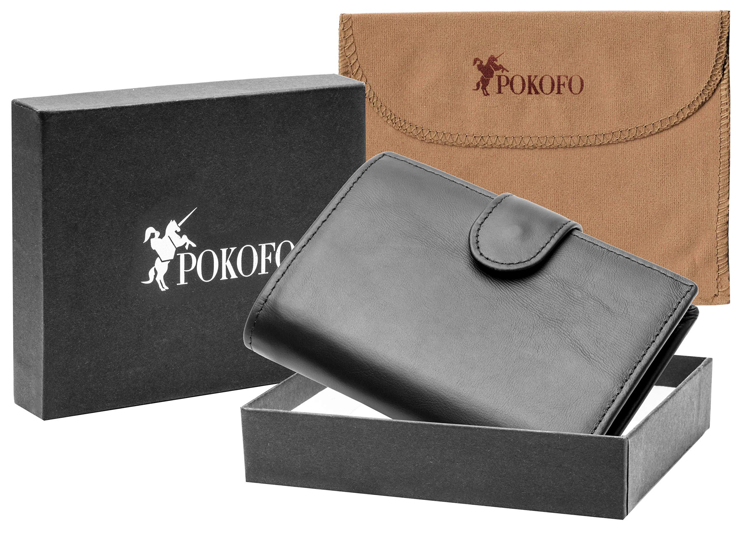 POKOFO Large RFID Blocking Genuine Leather Trifold Wallet for Men - 3 ID Windows & Snap Closure | Slim Credit Card Holder for Travel, Business & Everyday Use