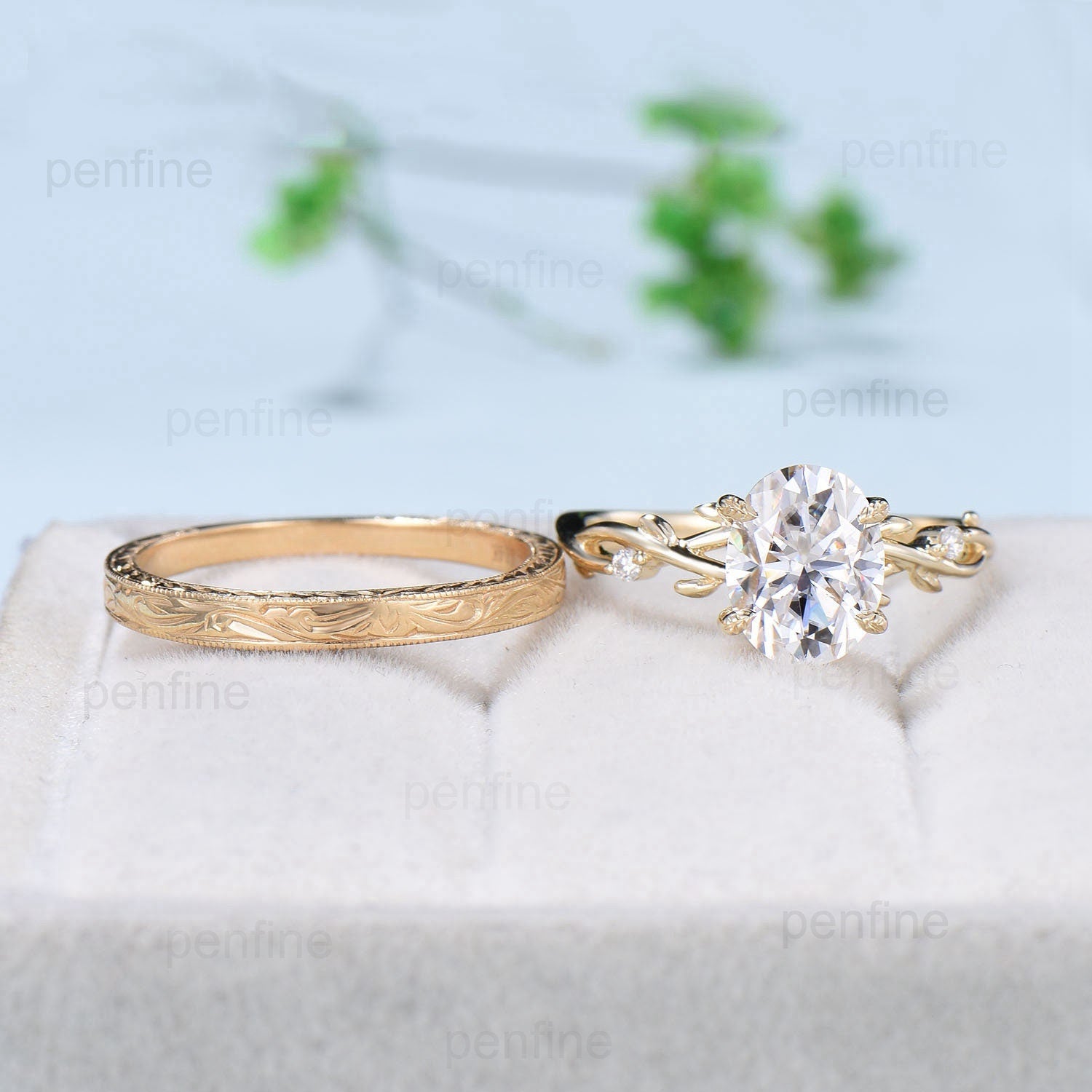 2 Carat Oval Moissanite Engagement Ring Set with Twig Leaf Wedding Band - 14K Yellow Gold Filigree Milgrain Edge Stacking Rings for Women | Perfect for Proposals, Anniversaries & Bridal Jewelry