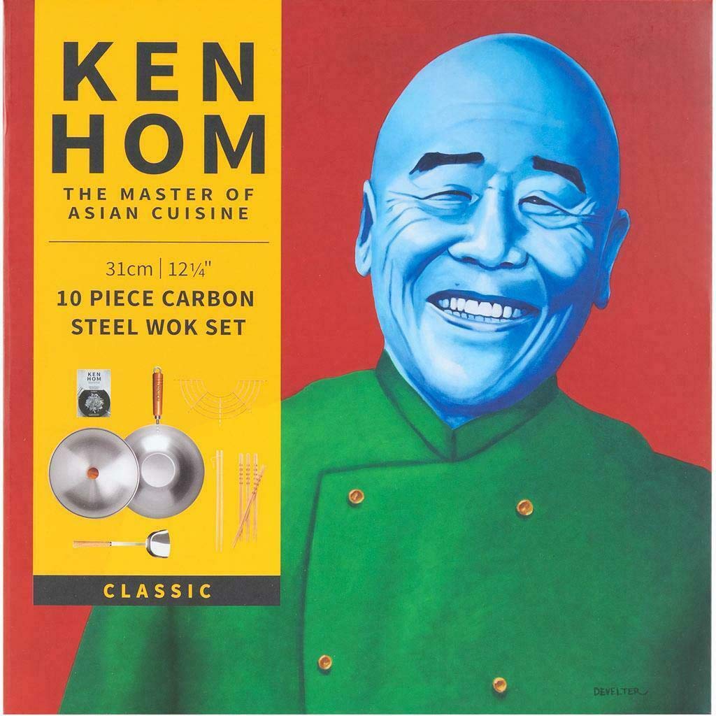 Ken Hom 10-Piece Carbon Steel Wok Set - 31cm Traditional Chinese Stir Fry Pan with Wooden Handle, Flat Base, Non-Induction, Dishwasher Not Recommended - Perfect for Home Cooking, Stir Frying, Deep Frying & Asian Cuisine