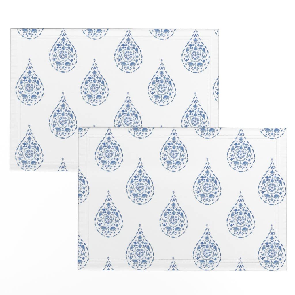 Blue Paisley Medallion Boho Print Linen Cotton Canvas Placemats Set of 2 - Watercolor Bohemian Style Table Mats for Dining Decor, Kitchen Table Setting & Home Entertaining