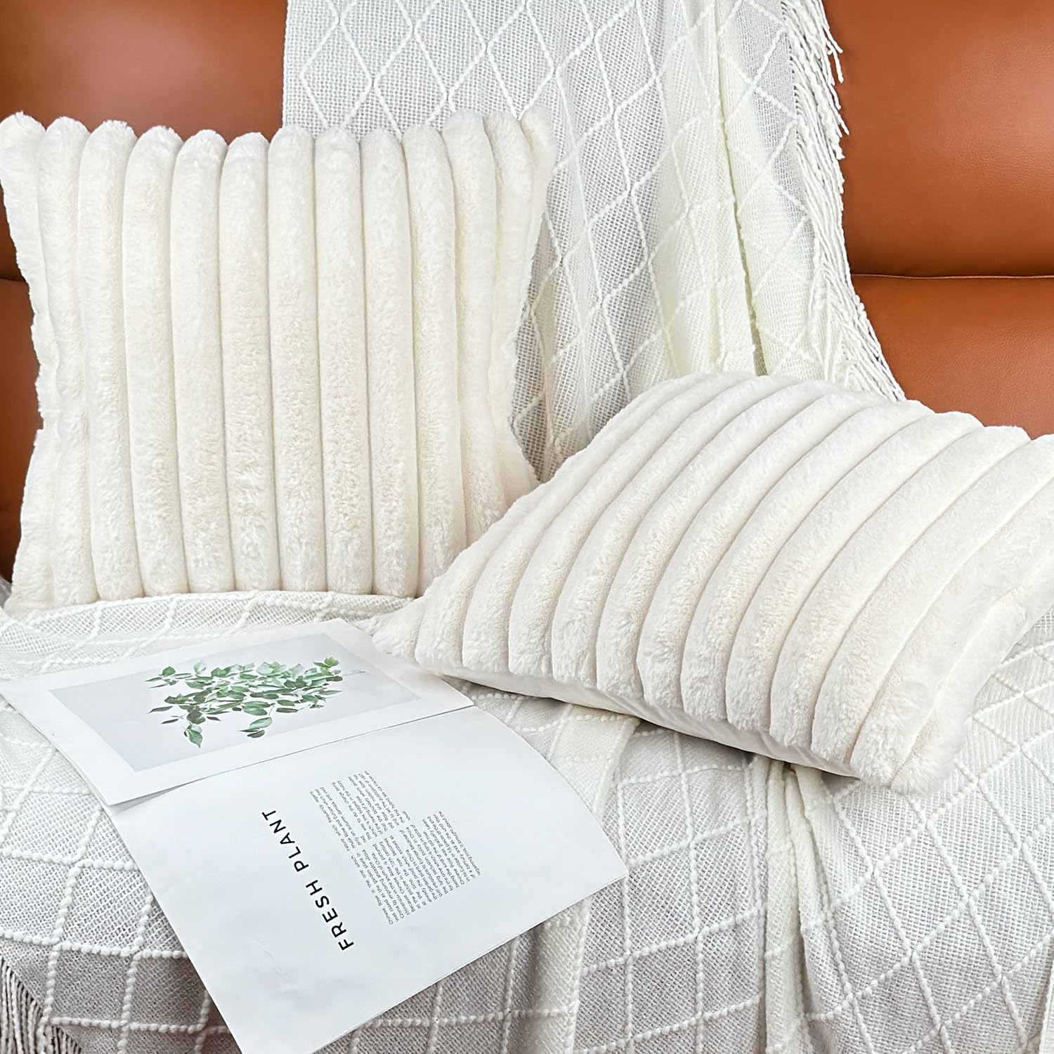 18x18 Inch Faux Fur Throw Pillow Covers Set of 2 - Soft Fluffy Decorative Pillow Covers with Velvet Back for Sofa, Couch & Bed - Cream White Neutral Home Decor - Perfect for Living Room, Bedroom & Cozy Home Accents