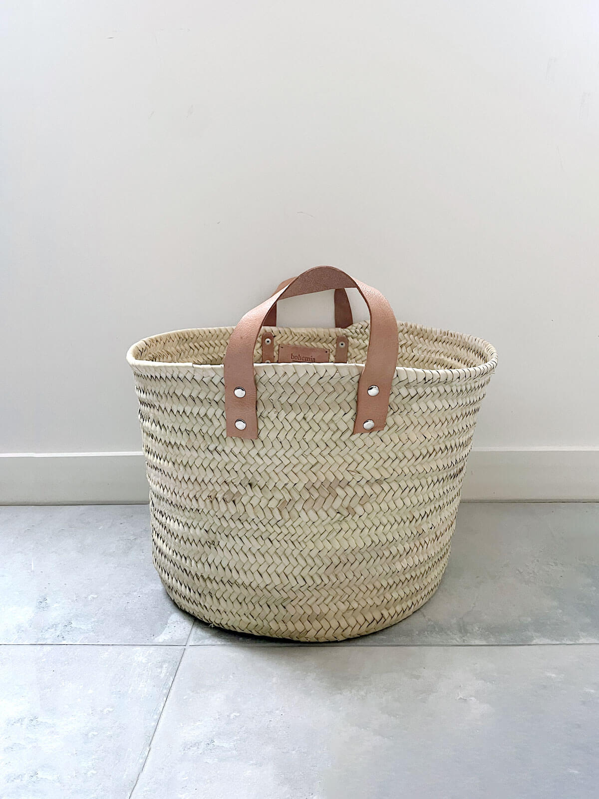 Round Leather Handle Storage Basket - Stylish Woven Organizer for Home, Office & Nursery - Perfect for Toys, Blankets, Books & More
