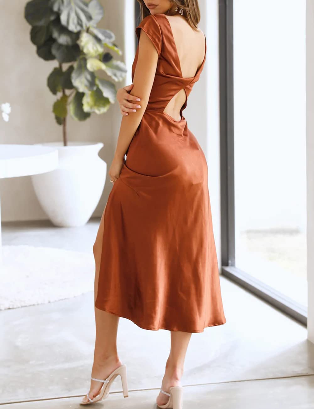 Elegant Women's Summer Satin Backless Midi Dress with Twist Cap Sleeves & Cowl Neck - Sexy Slit Cocktail Dress for Wedding Guest, Party & Special Occasions 2025