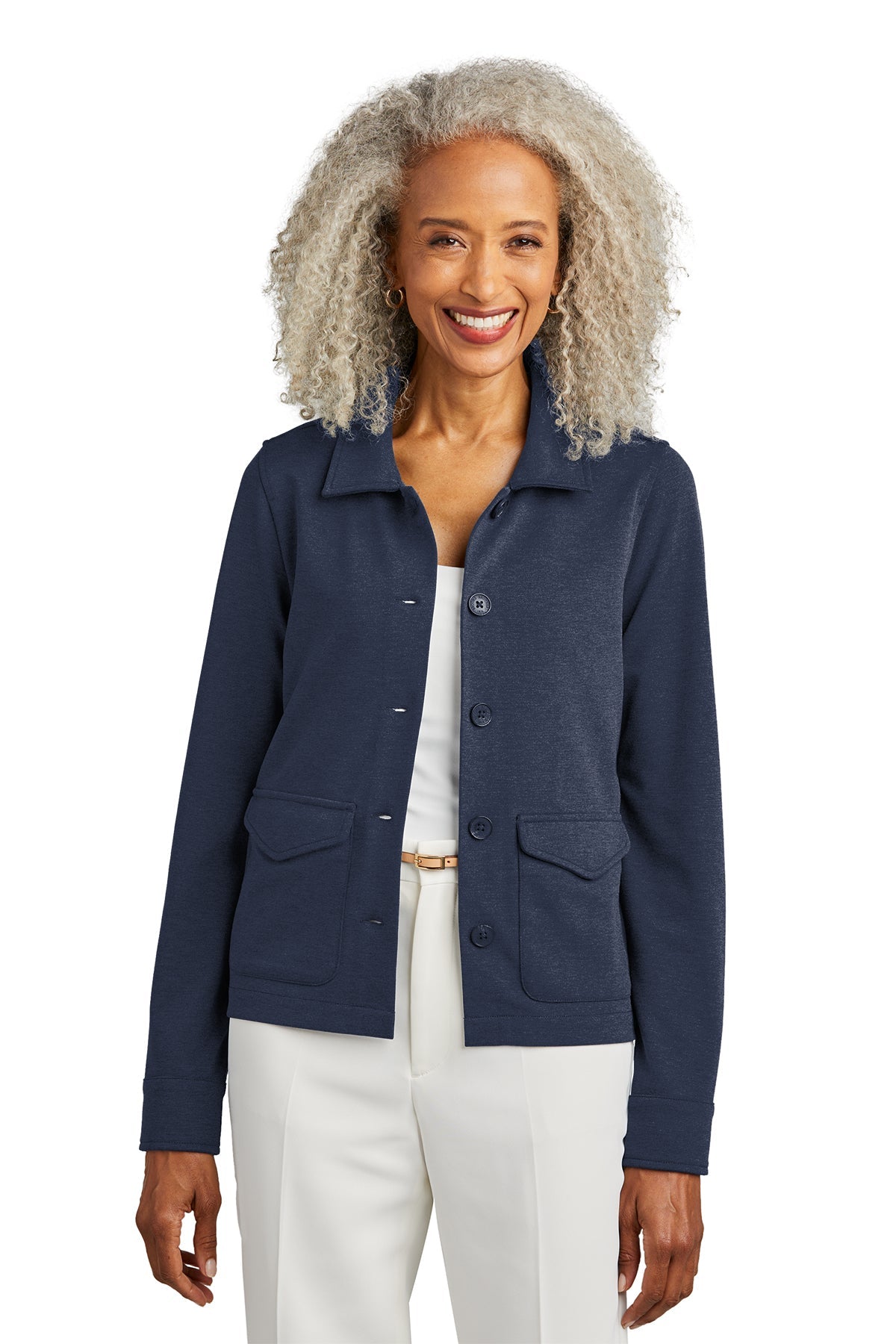Brooks Brothers Women's Stretch Button-Up Blazer Jacket in Navy Heather - Perfect for Office Wear, Business Casual & Professional Outfits