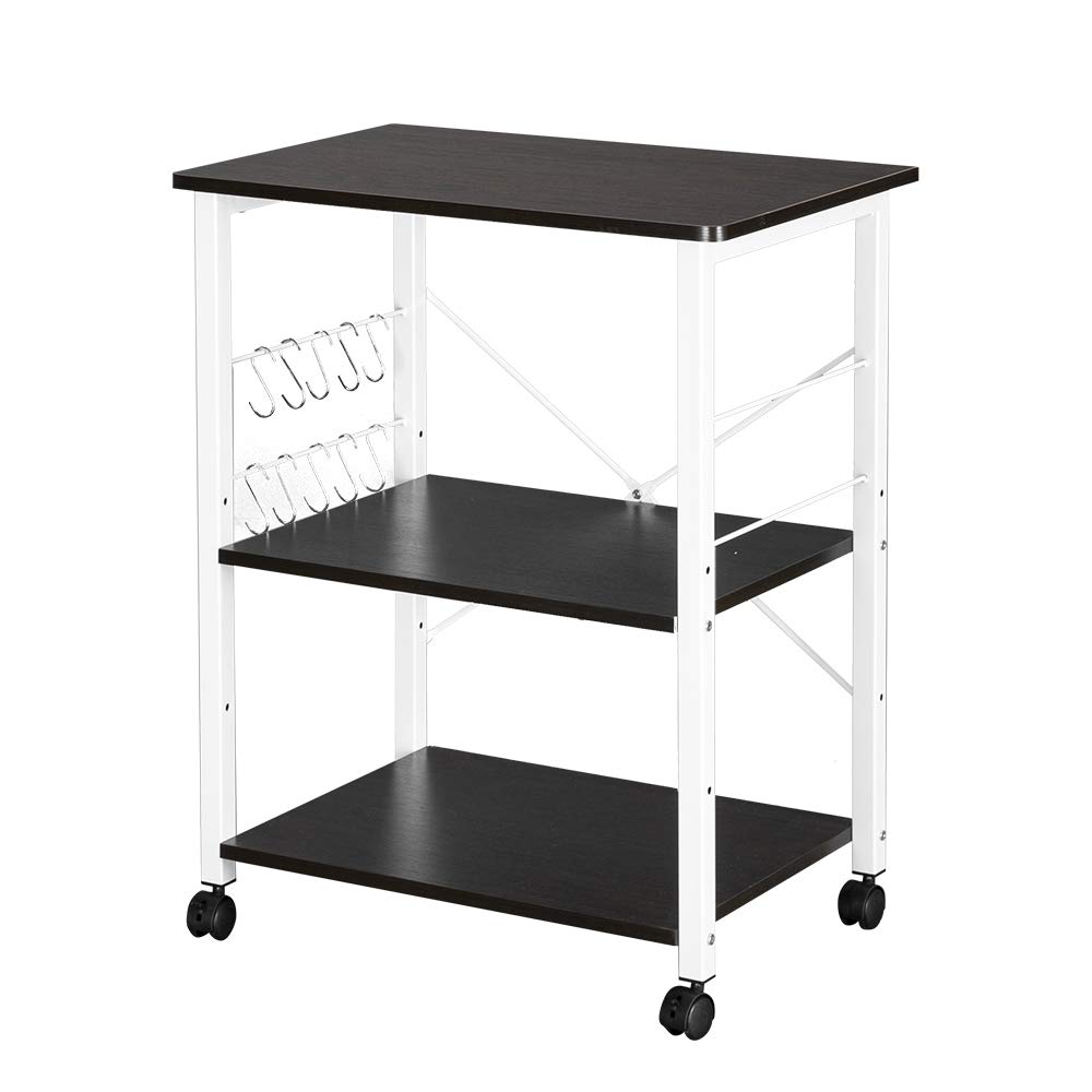 3 Tier Kitchen Baker's Rack with Wheels - Vintage Rolling Microwave Cart with 10 Hooks & Storage Shelves - Dark Brown & White Serving Trolley for Home, Kitchen, Office - Perfect for Baking, Cooking & Organizing Small Appliances