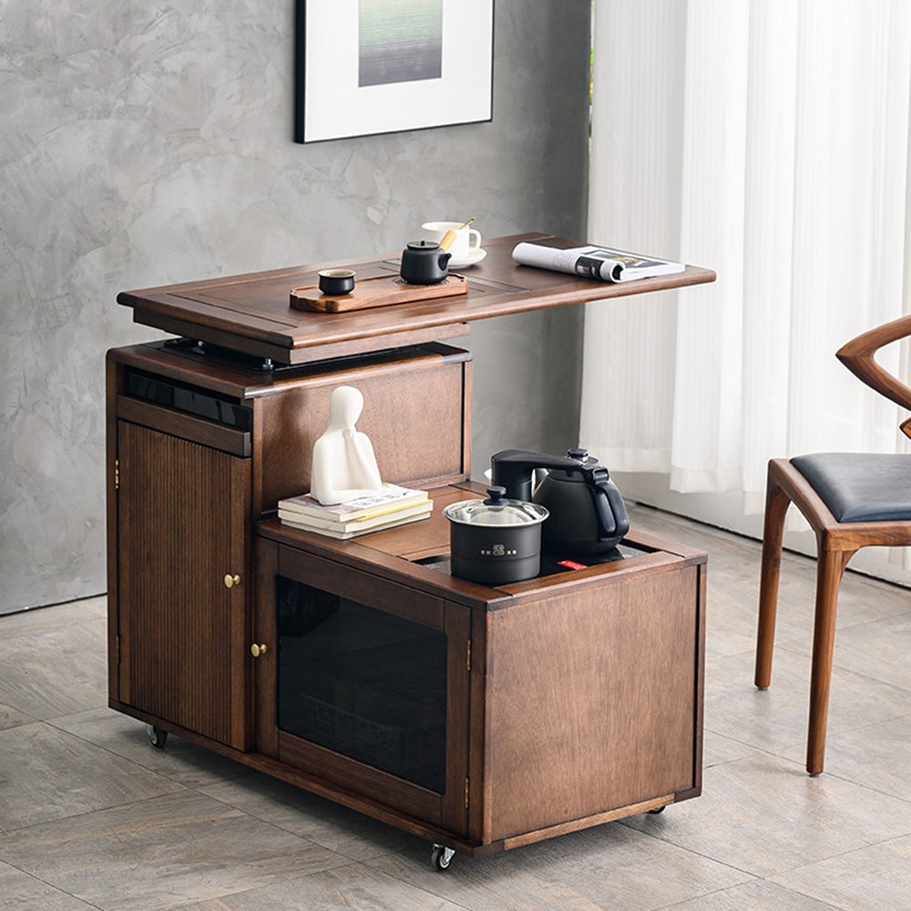 Rotating Walnut Wood Tea Table - Adjustable Height & 360° Swivel Base for Living Room, Office, or Outdoor Use