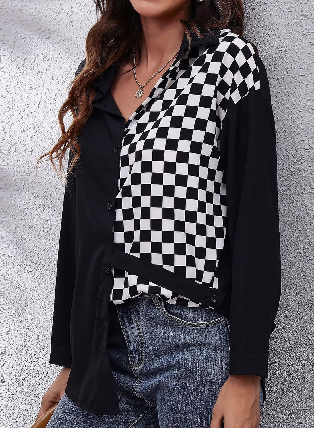 Futurino Women's Long Sleeve Button Down Shirt - Trendy Point Collar Chess Print Blouse with V-Neck for Casual Wear | Office, Date Night & Everyday Outfits