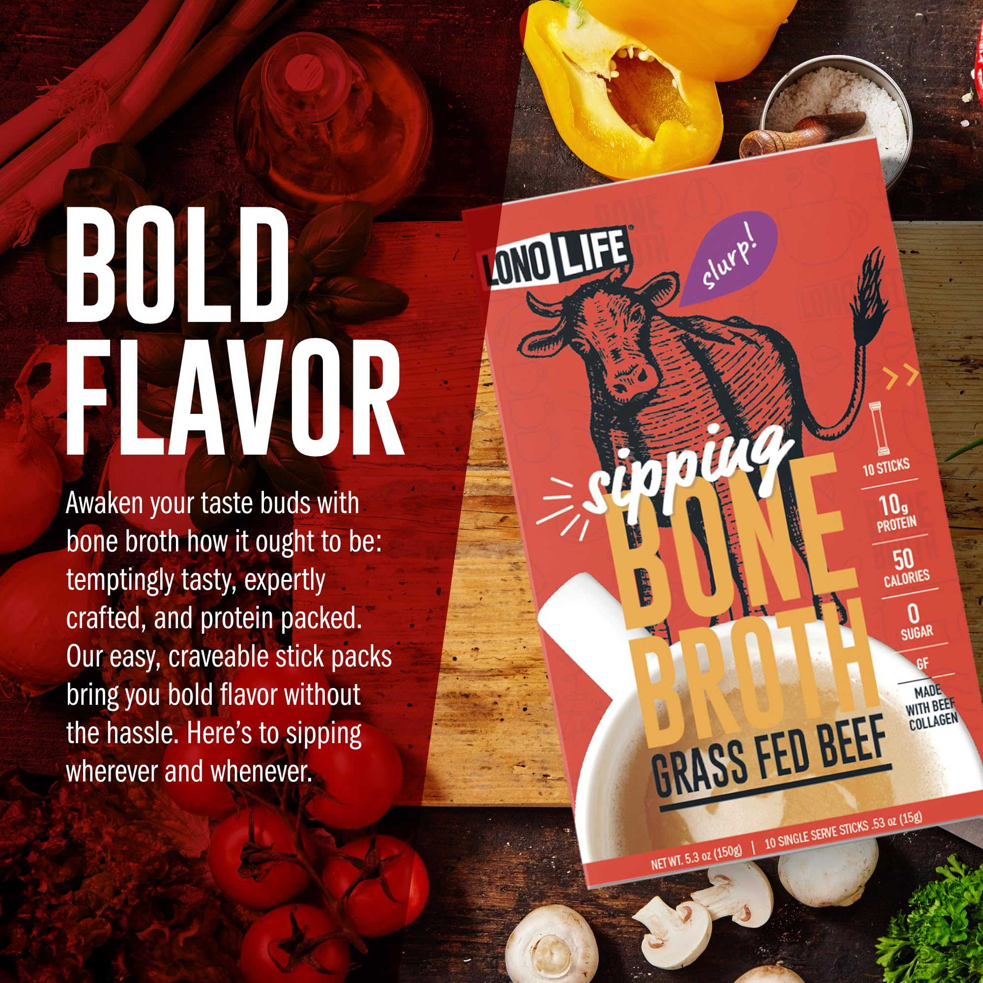 LonoLife Grass-Fed Beef Bone Broth Powder - 10g Protein per Serving | Collagen Rich Keto & Paleo Friendly Supplement | Natural Ingredients | 10 Single-Serve Stick Packs | Ideal for Travel, Camping & Post-Workout Recovery