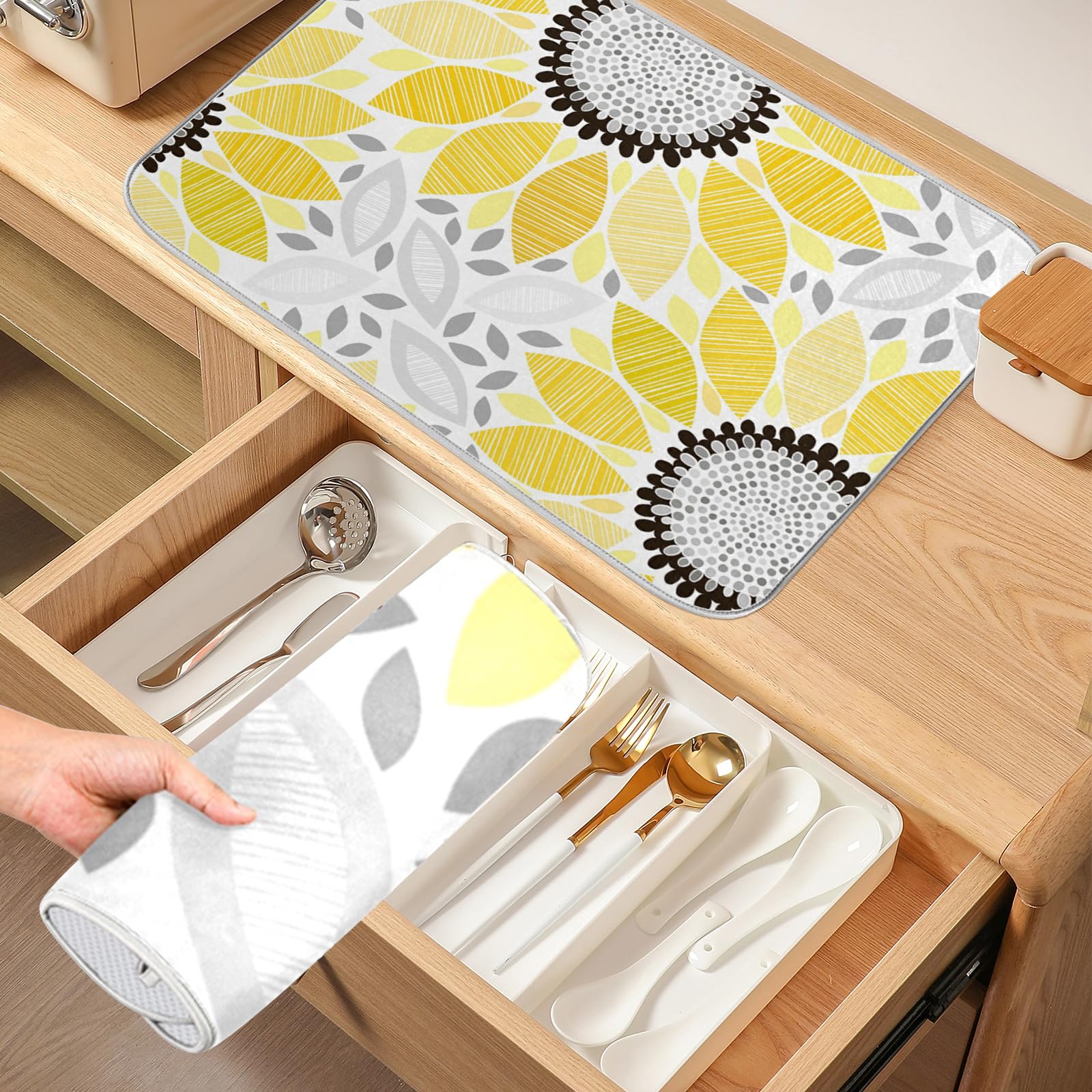Absorbent Sunflower Dish Drying Mat 18x24 Inch - Non-Slip Kitchen Counter Drying Pad for Plates, Cups & Utensils | Perfect for Kitchen Countertops, Sink Areas & Dish Racks