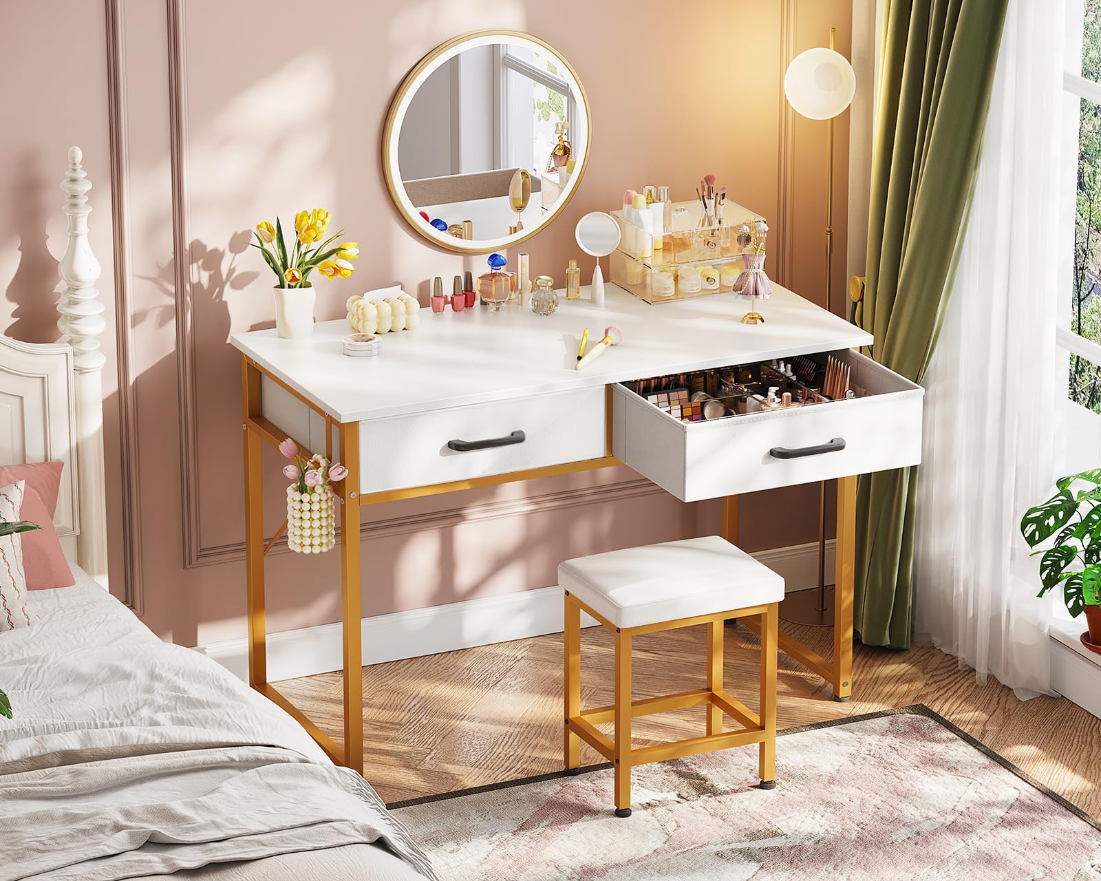 AODK 40 Inch Small Vanity Desk with Stool - No Mirror Makeup Table with 2 Fabric Drawers & Steel Hook - Elegant White and Gold Vanity Table for Girls Bedroom | Perfect for Makeup Organization, Dressing Area & Small Space Decor