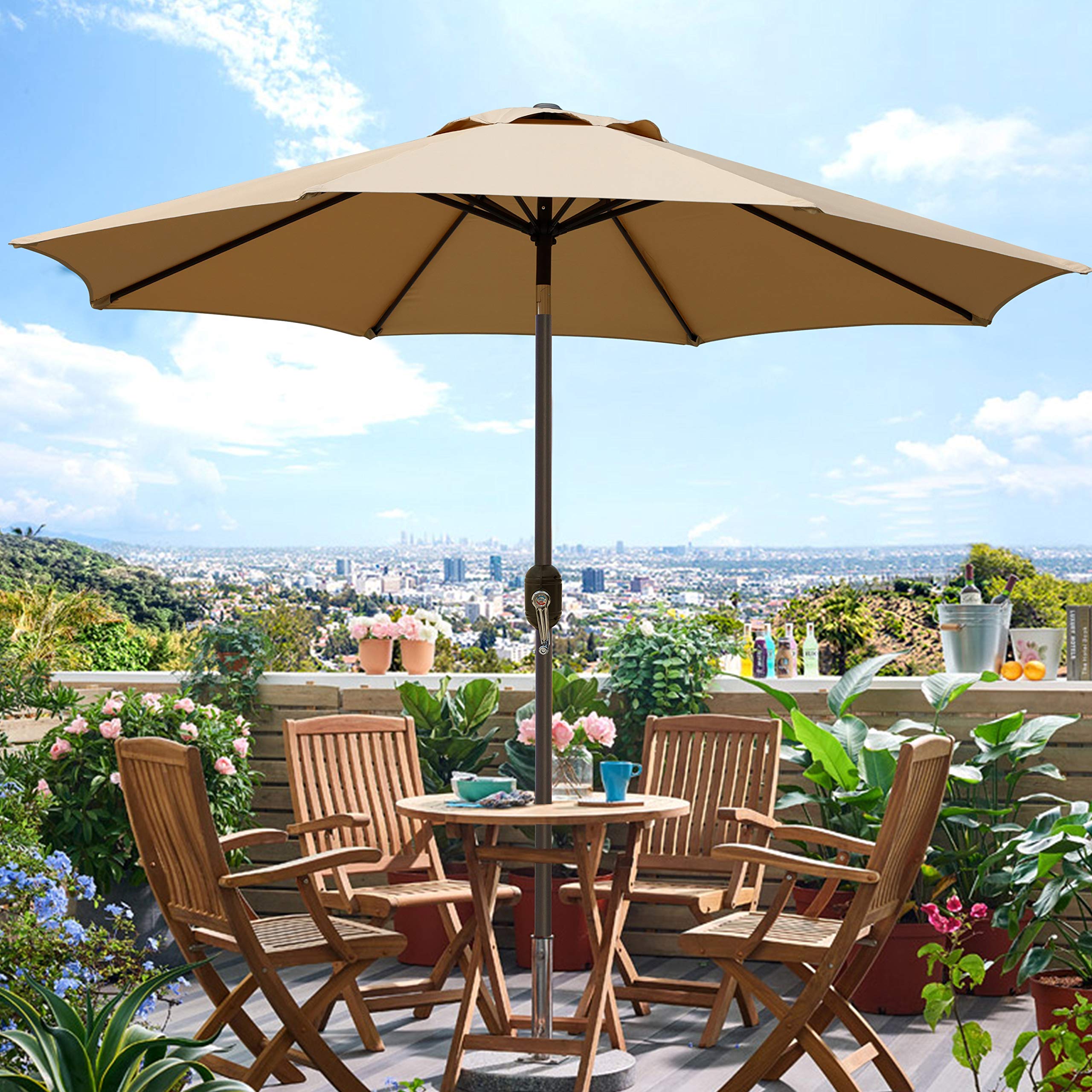 Blissun 9' Outdoor Patio Umbrella with 8 Sturdy Ribs - Push Button Tilt & Crank - Perfect for Garden, Backyard, Poolside, and Outdoor Dining