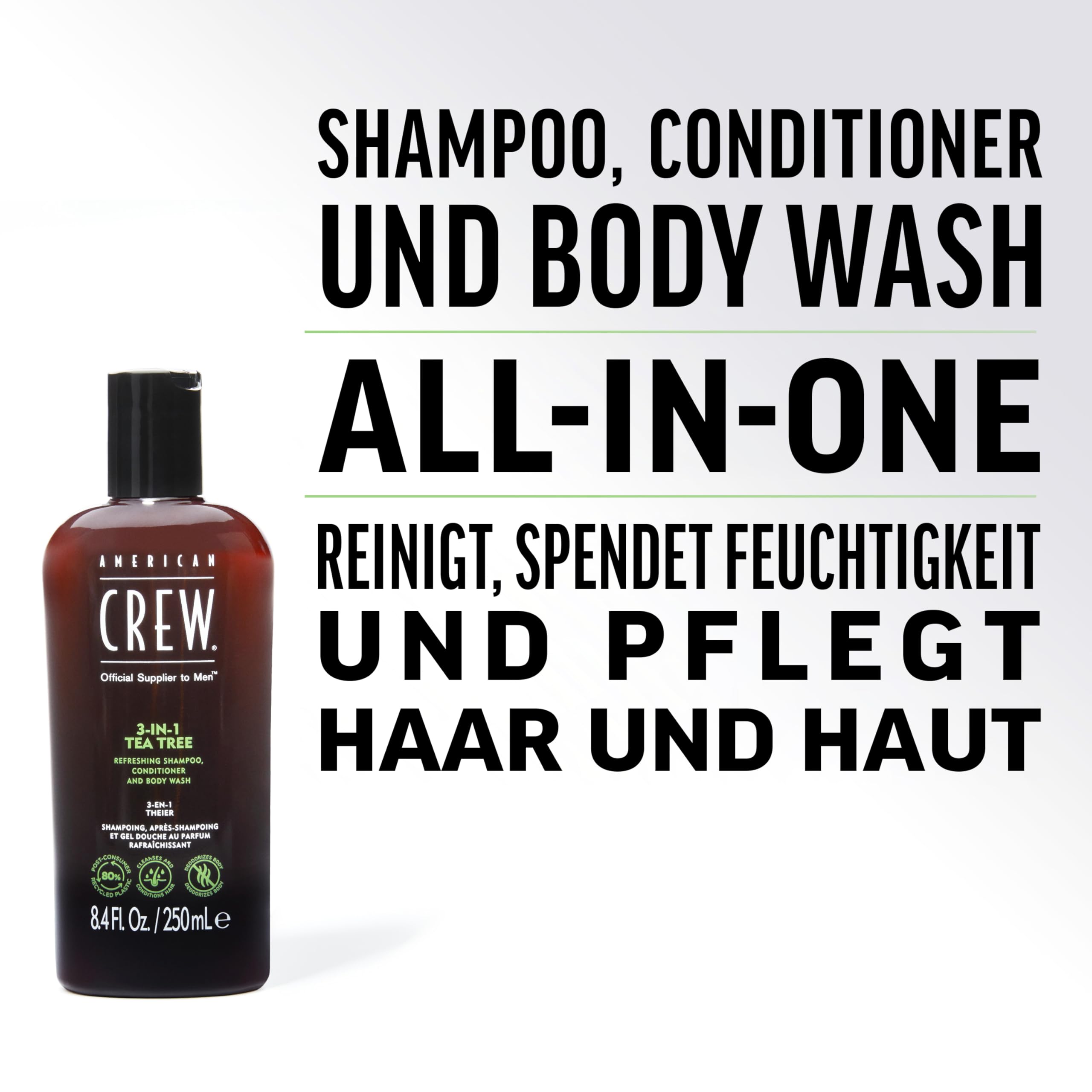 American Crew 3-in-1 Tea Tree Shampoo, Conditioner & Body Wash for Men - 33.8oz Daily Hair & Body Cleanser - Refreshing Mint Scent - Ideal for Gym, Travel & Everyday Use