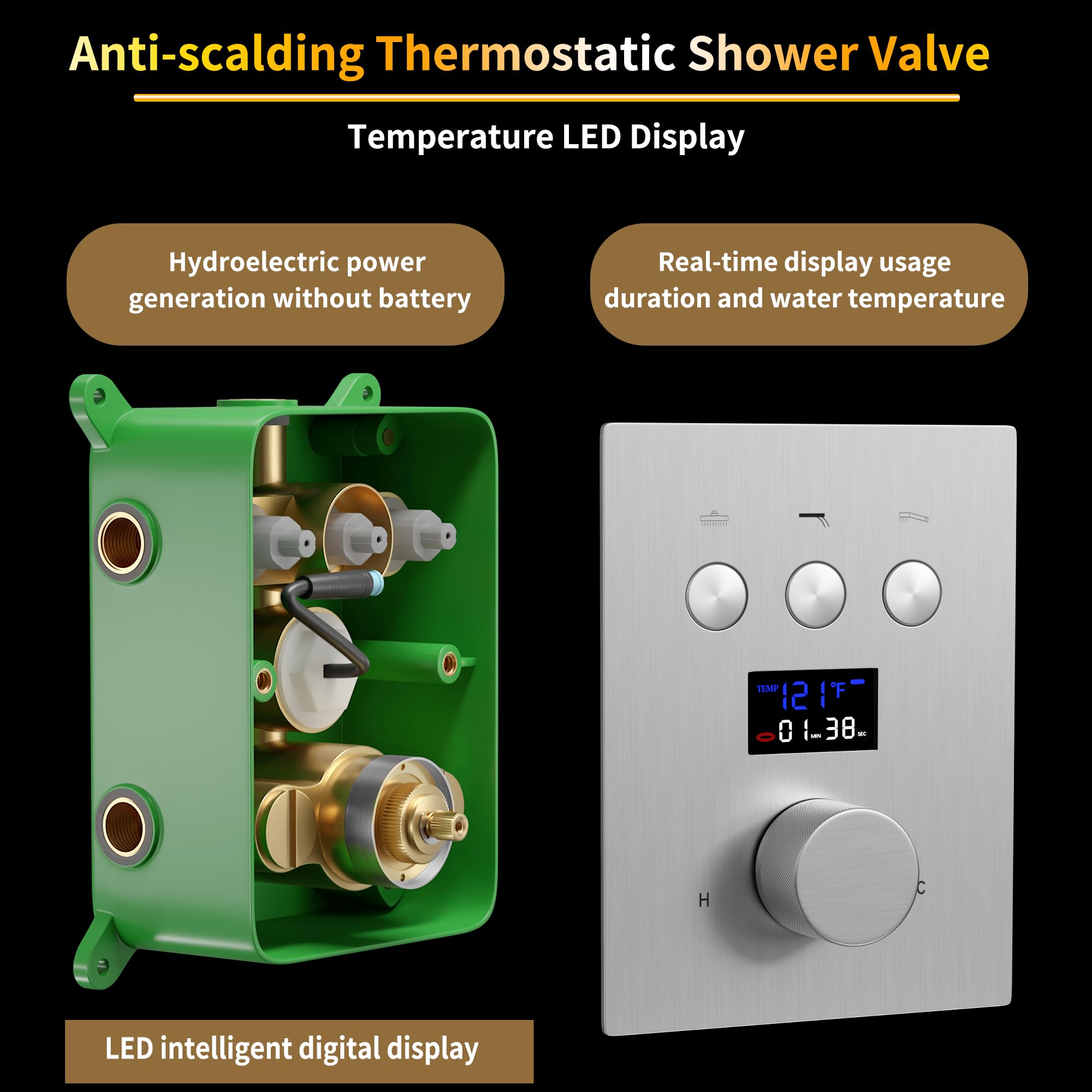 AYIVG Brushed Nickel 3-Way Thermostatic Shower Diverter Valve with Temperature Display - Flow Control Mixer Valve Kit for Simultaneous Multi-Function Use - Perfect for Bathroom Renovation and Luxury Shower Systems