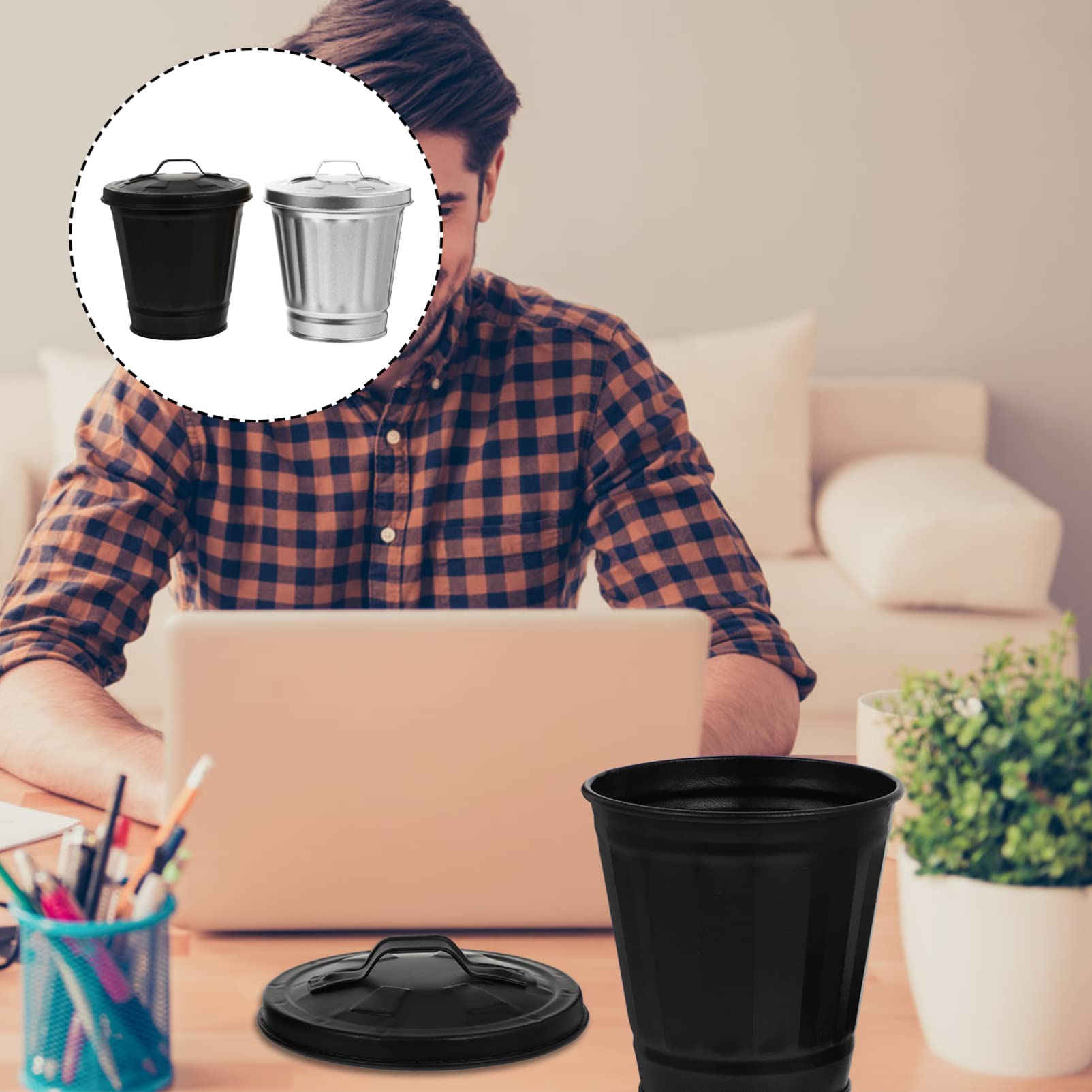 2-Pack Mini Galvanized Iron Office Desk Trash Can - Small Countertop Waste Bin for Car, Home & Office - Perfect for Recycling, Paper Clips, Snack Wrappers & Cup Holder Storage