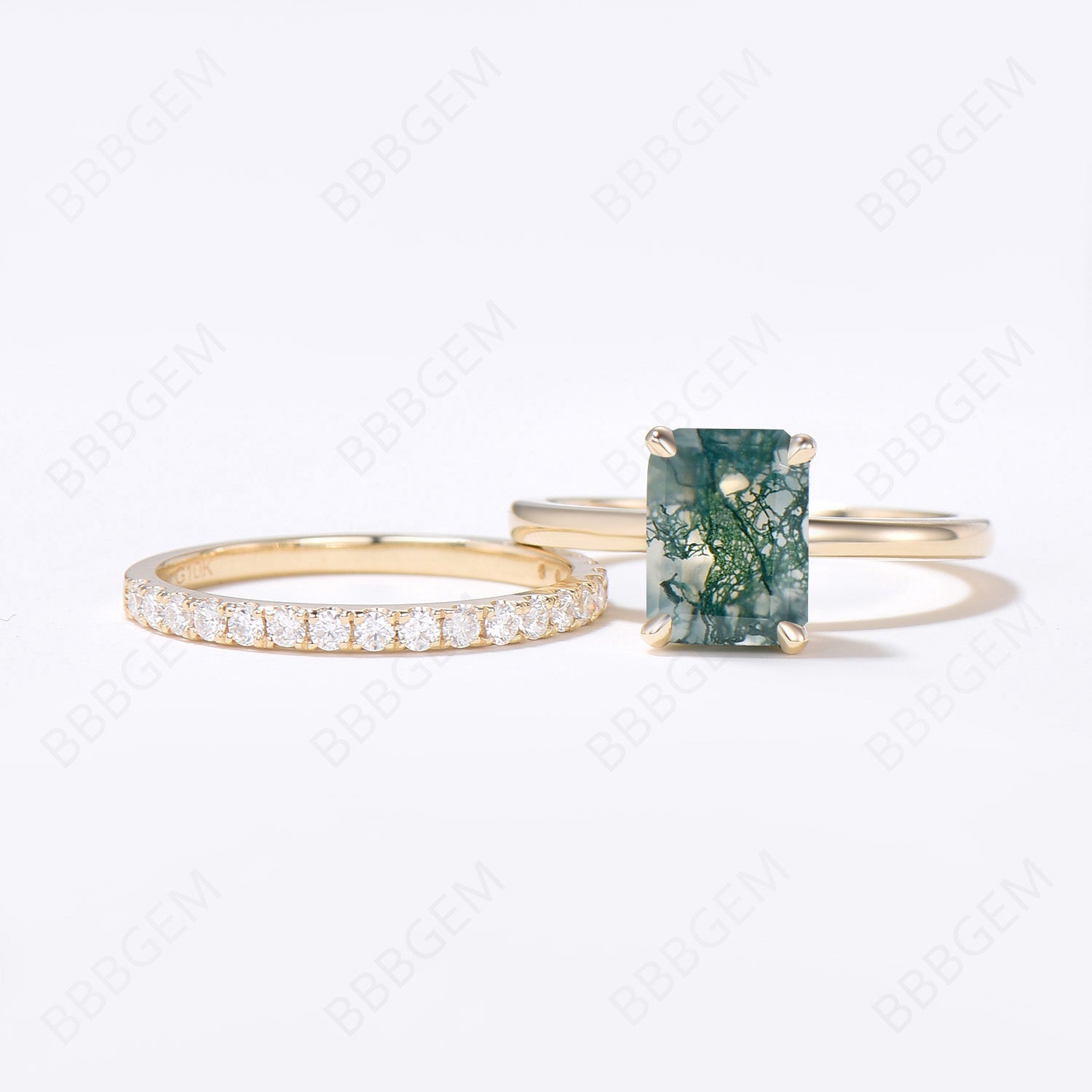 Hidden Halo Emerald Cut Moss Agate Engagement Ring Set - 14K Gold Wedding Band for Women - Perfect for Proposals, Anniversaries & Romantic Occasions