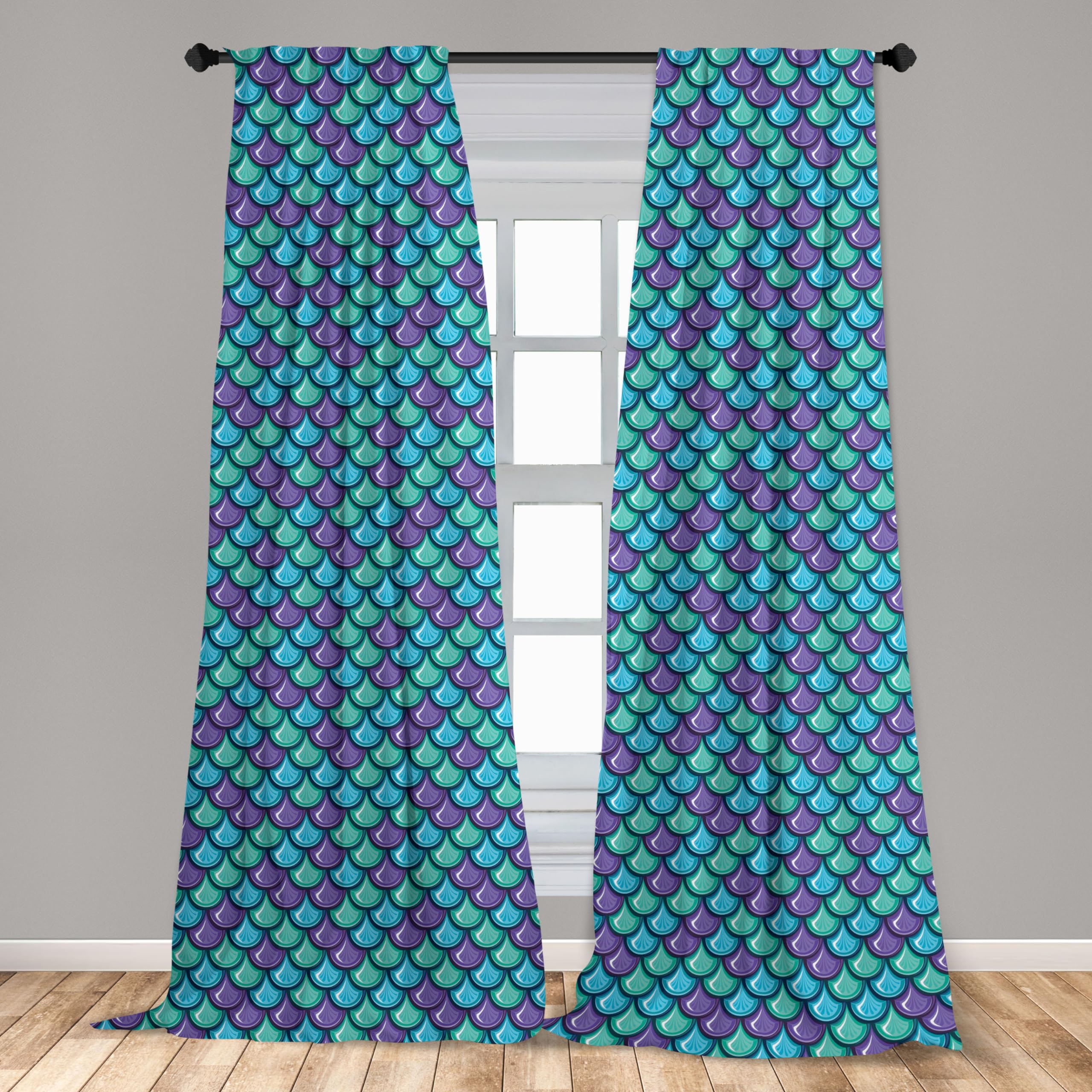 Ambesonne Blue Green Fish Curtains - Marine Animal Dragon Scale Pattern Window Treatments, 2 Panel Set (28