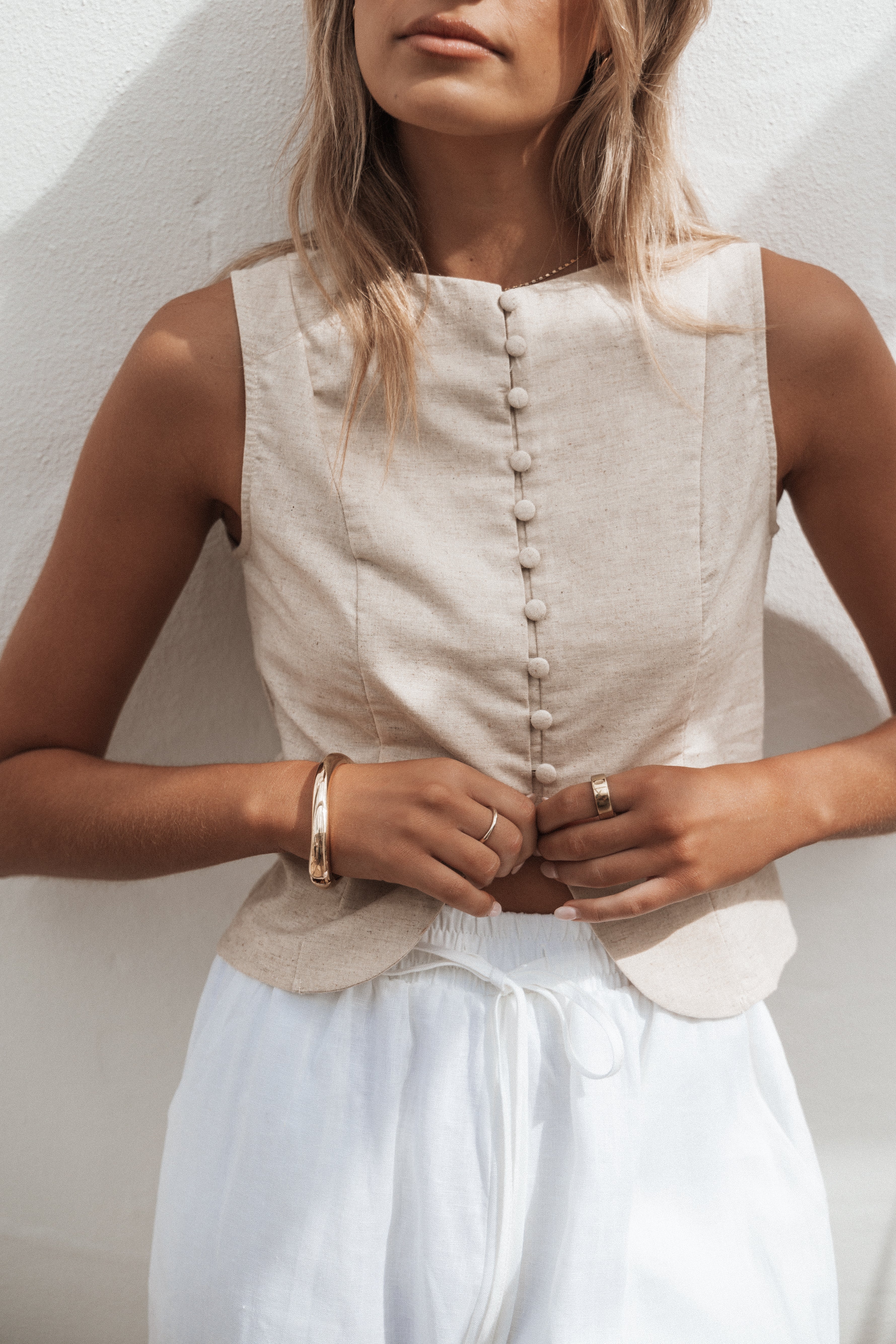 Daniella Women's Linen Vest - Soft Breathable Summer Cardigan in Oatmeal | Casual Outfit for Beach, Office & Outdoor Activities