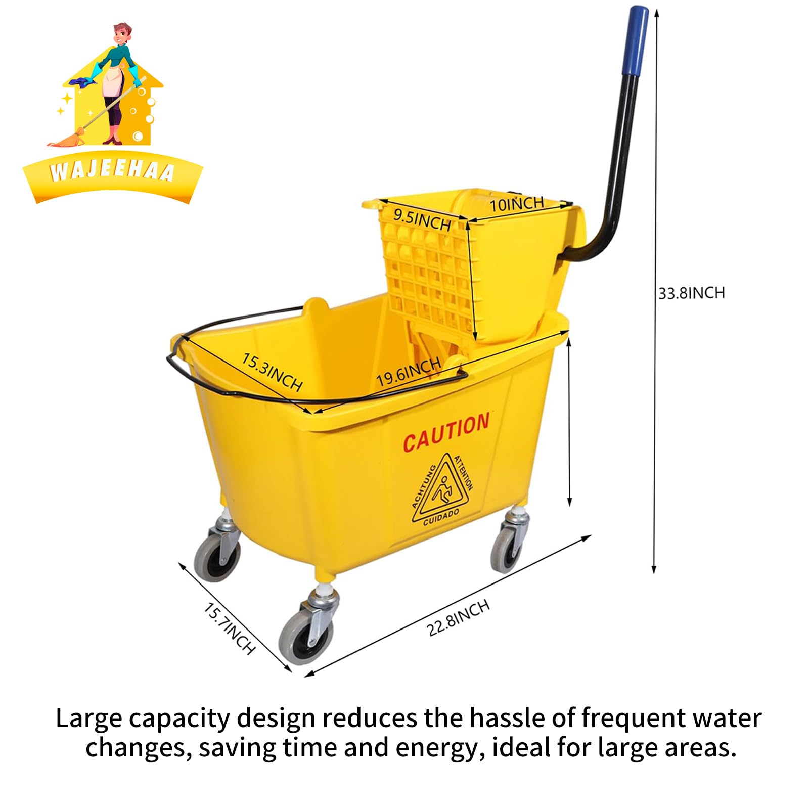 Commercial Mop Bucket with Side-Press Wringer - 35 Quart Heavy Duty Cleaning Bucket for Floors - Yellow Industrial Mop & Bucket Set - Perfect for Janitorial Services, Hospitals & Schools