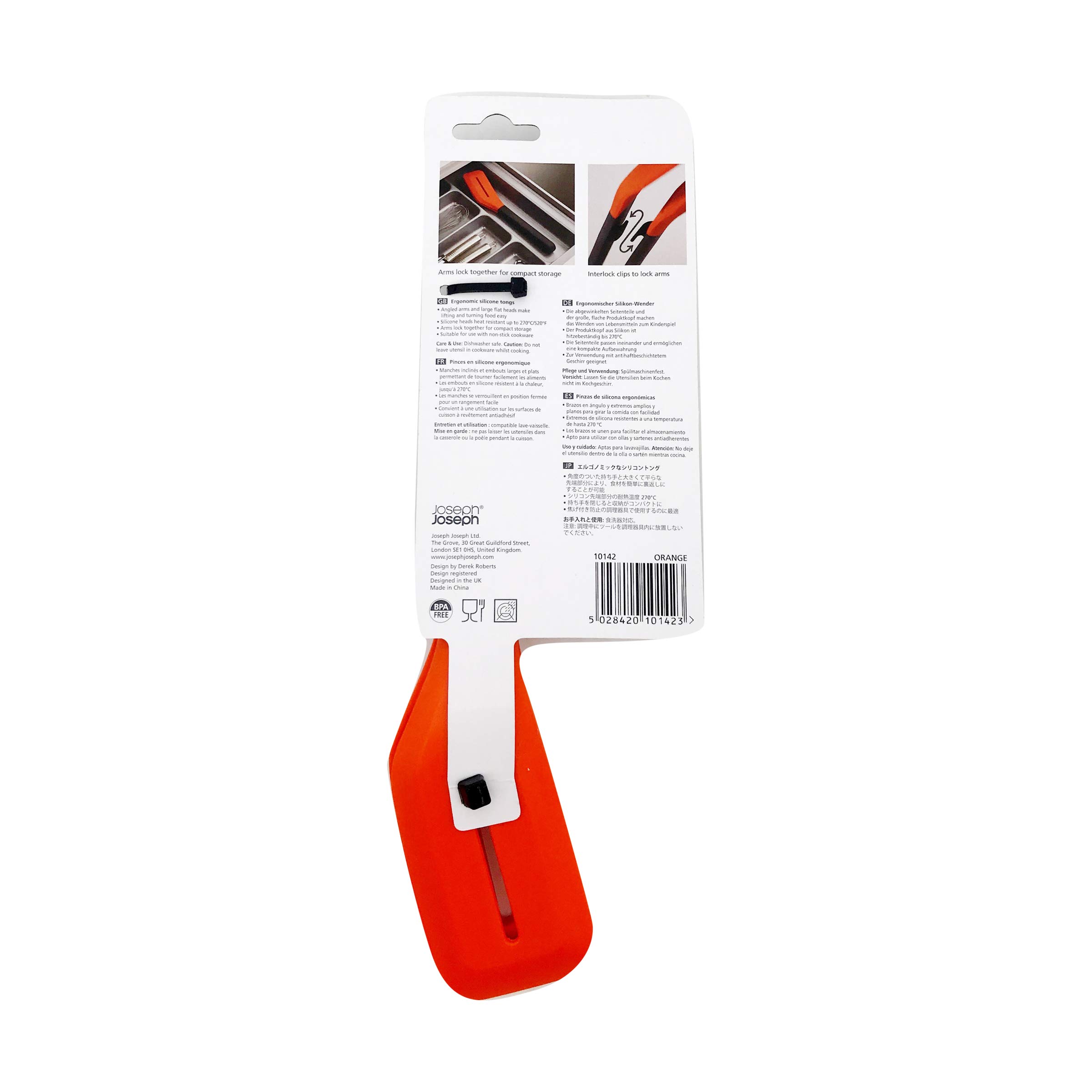Joseph Joseph Turner Tongs - Ergonomic Silicone Kitchen Tongs with Locking Mechanism for Compact Storage, Dishwasher Safe, Grey/Orange, 24cm - Perfect for Grilling, Salad Tossing, and Serving Pasta