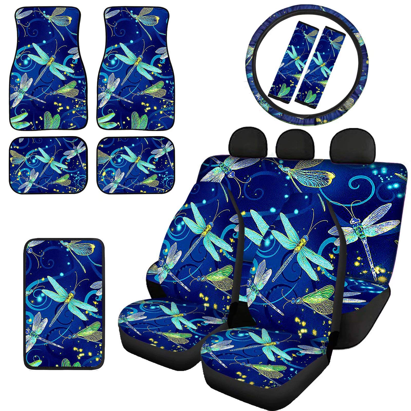 Pensura 11-Piece Cartoon Dragonfly Universal Car Seat Protector Set - Breathable Steering Wheel Cover, Seat Belt Pads, Floor Mats & Console Cover for Front/Rear Seats - Perfect for Family Cars, SUVs and Daily Commuting