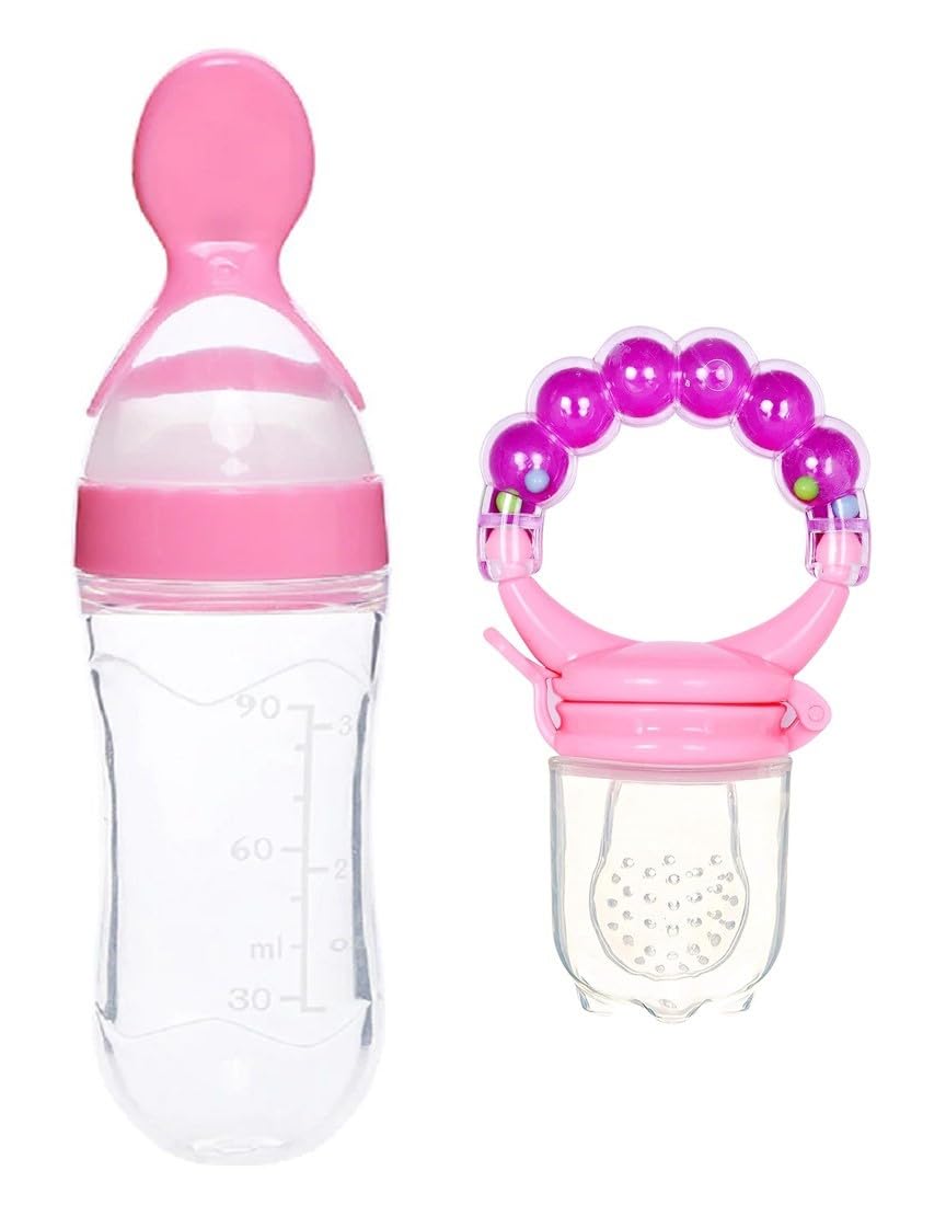 The Cheeky Kidzz Baby Silicone Squeeze Spoon - Rice Cereal Feeder Bottle with Fruit Rattle Nibbler Teether for Toddlers (Design 32, Multicolor) - Perfect for Mess-Free Feeding & Teething Relief On-The-Go