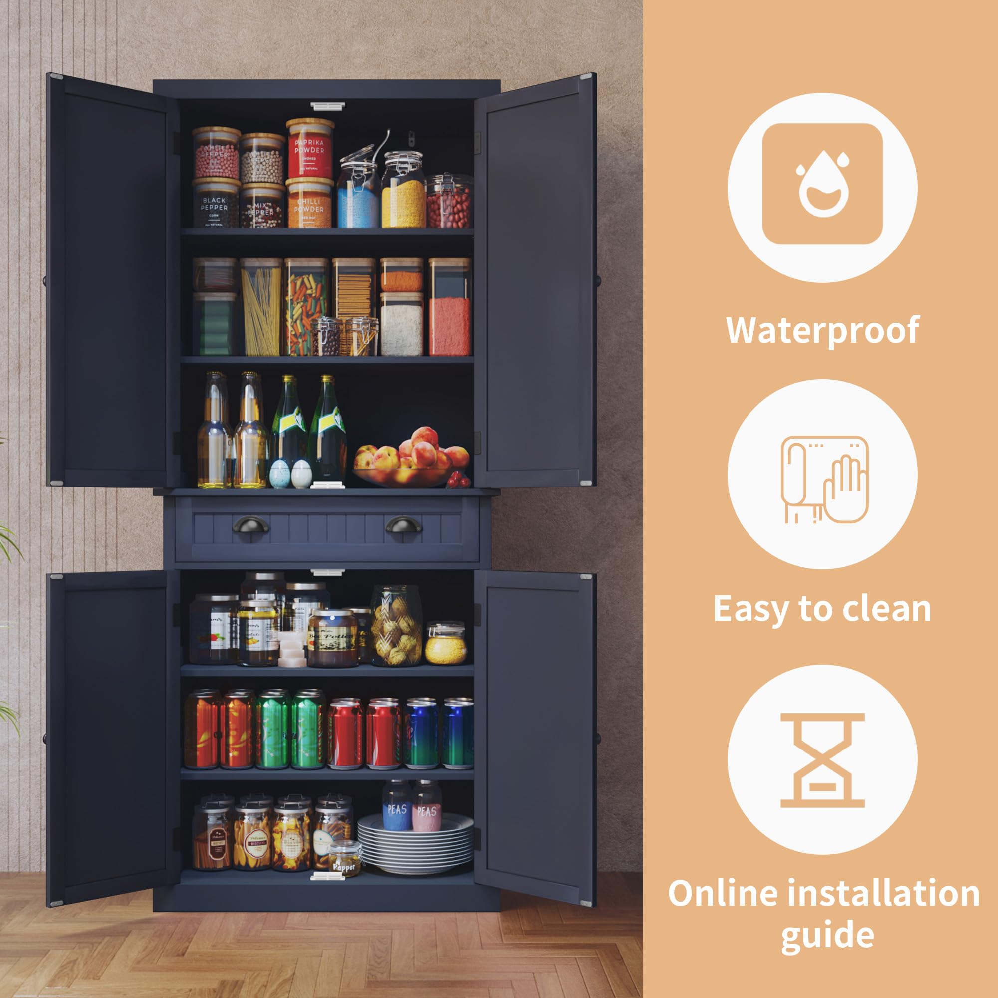 ARTPOWER 3-Tier Kitchen Pantry Storage Cabinet with Drawer & Adjustable Shelves - Organizer for Spices, Food, Toiletries - Perfect for Kitchen, Bathroom, Hallway or Laundry Room - Modern Blue Storage Solution
